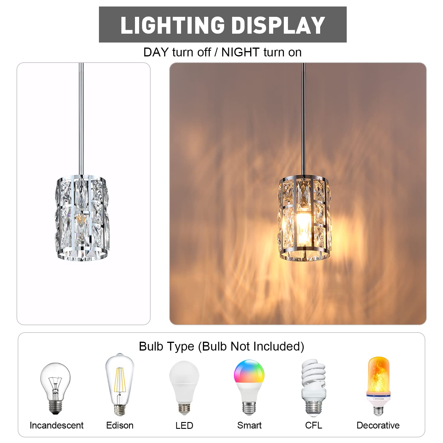 MEXO Modern Crystal Pendant Light Fixture, Chrome, Small Metal Chandelier for Kitchen, Dining, Living Room, Porch, Bedroom