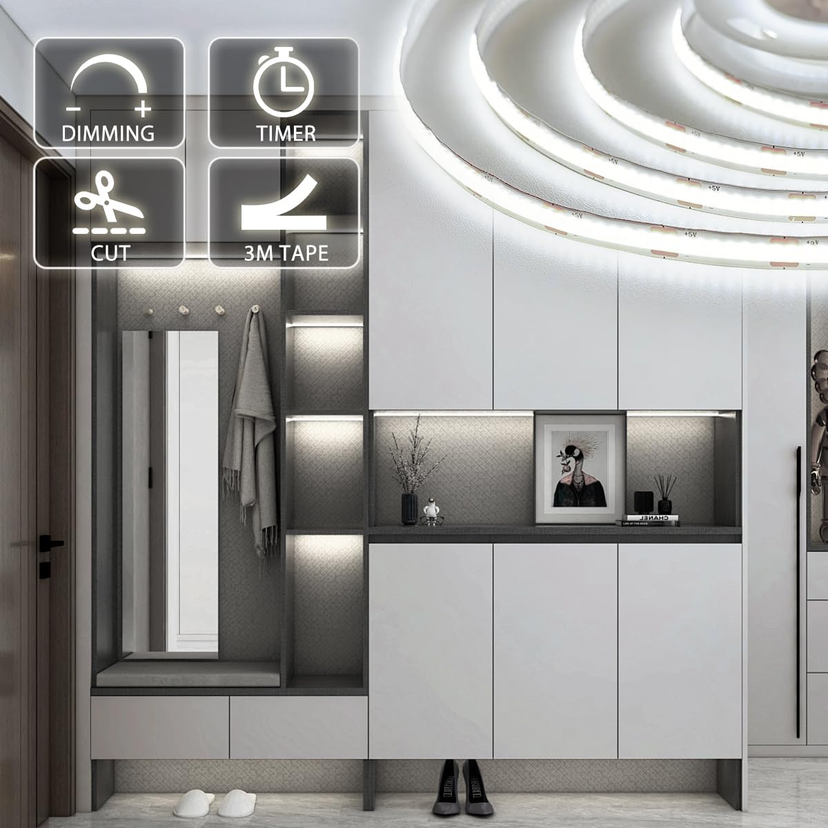 OMIKA Battery Powered Strip Light, 6.56FT, 640LED, 6000K Cool White, Plastic, Model MKR-BO-68, Flexible, Dimmable, Remote