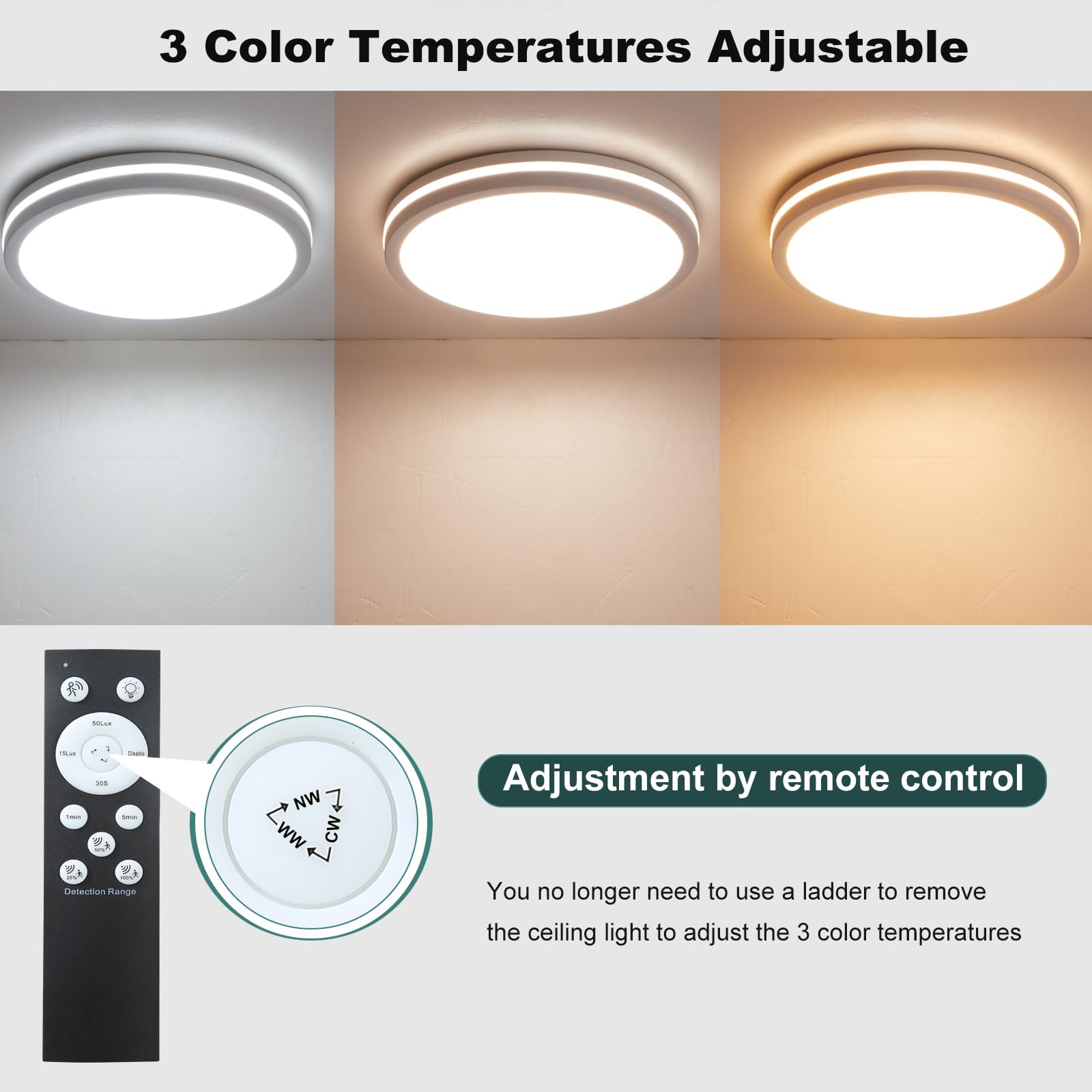 Zsyubo 11 Inch Motion Sensor Ceiling Light Indoor, 24W Flush Mount Ceiling Light Fixture 3000K/4000K/6000K, Motion Sensor Lamp W