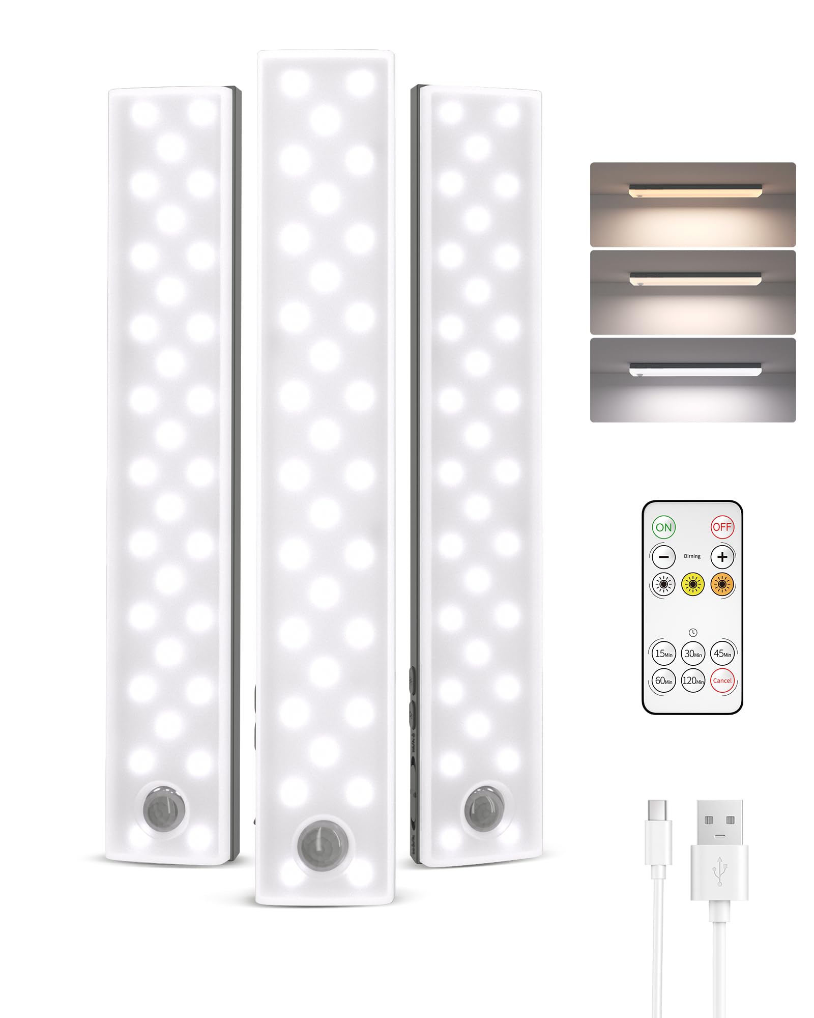 EZVALO 62 LEDs Under Cabinet Lighting, 2000mAh LED Closet Lights with Remote 3 Color Temps, Rechargeable Motion Sensor Lights In