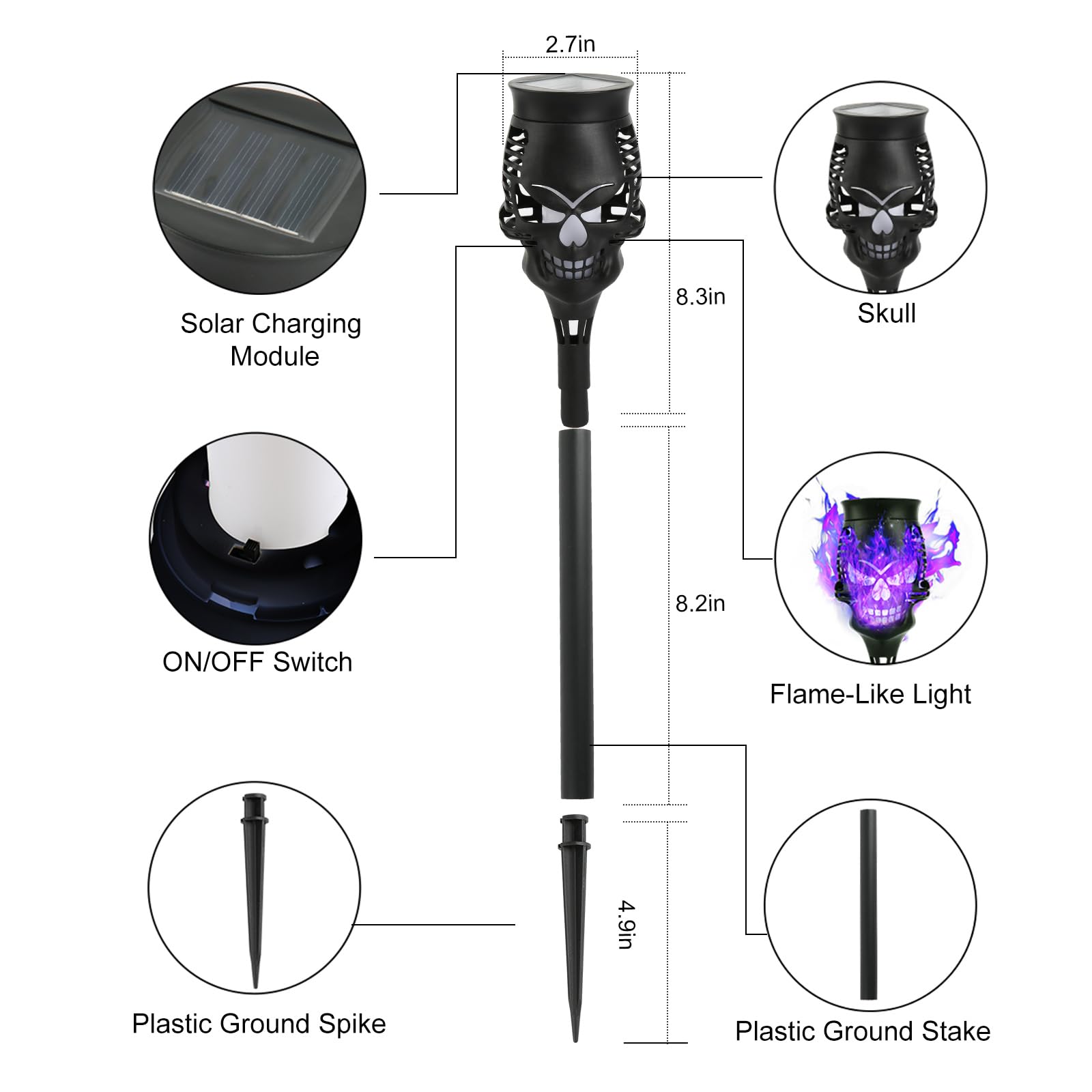 Oalysam Spooky Skulls Solar Torch Lights - 8-Pack Flickering Flame Torches for Enchanting, Waterproof Outdoor Solar Powered Ligh