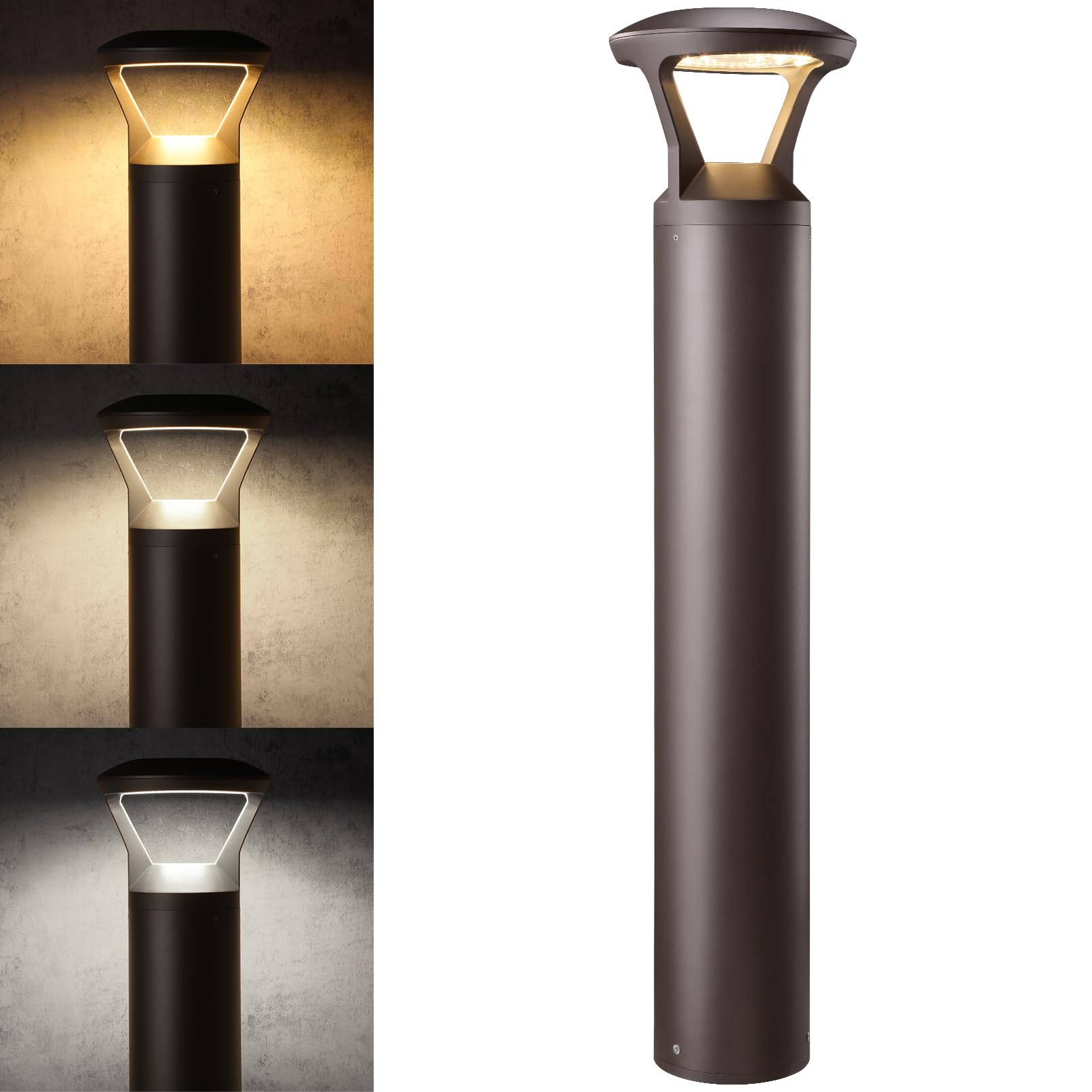 LEONLITE 3CCT LED Bollard Landscape Pathway Light, 42 14W/19W/24W Adjustable Watts, 120V-277V Commercial Bollard Fixture, 0-10V 