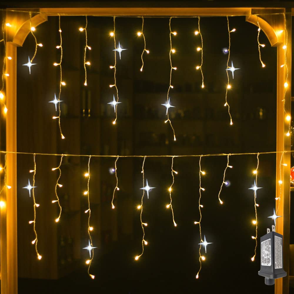 LED Icicle Style Lights,Icicle Lights with Twinkling strobes,Sparkling Icicle Lights for Indoor Outdoor Eaves Christmas Wall Decorations (29.5FT white cable icicle, Warm white + Cool White Strobe)