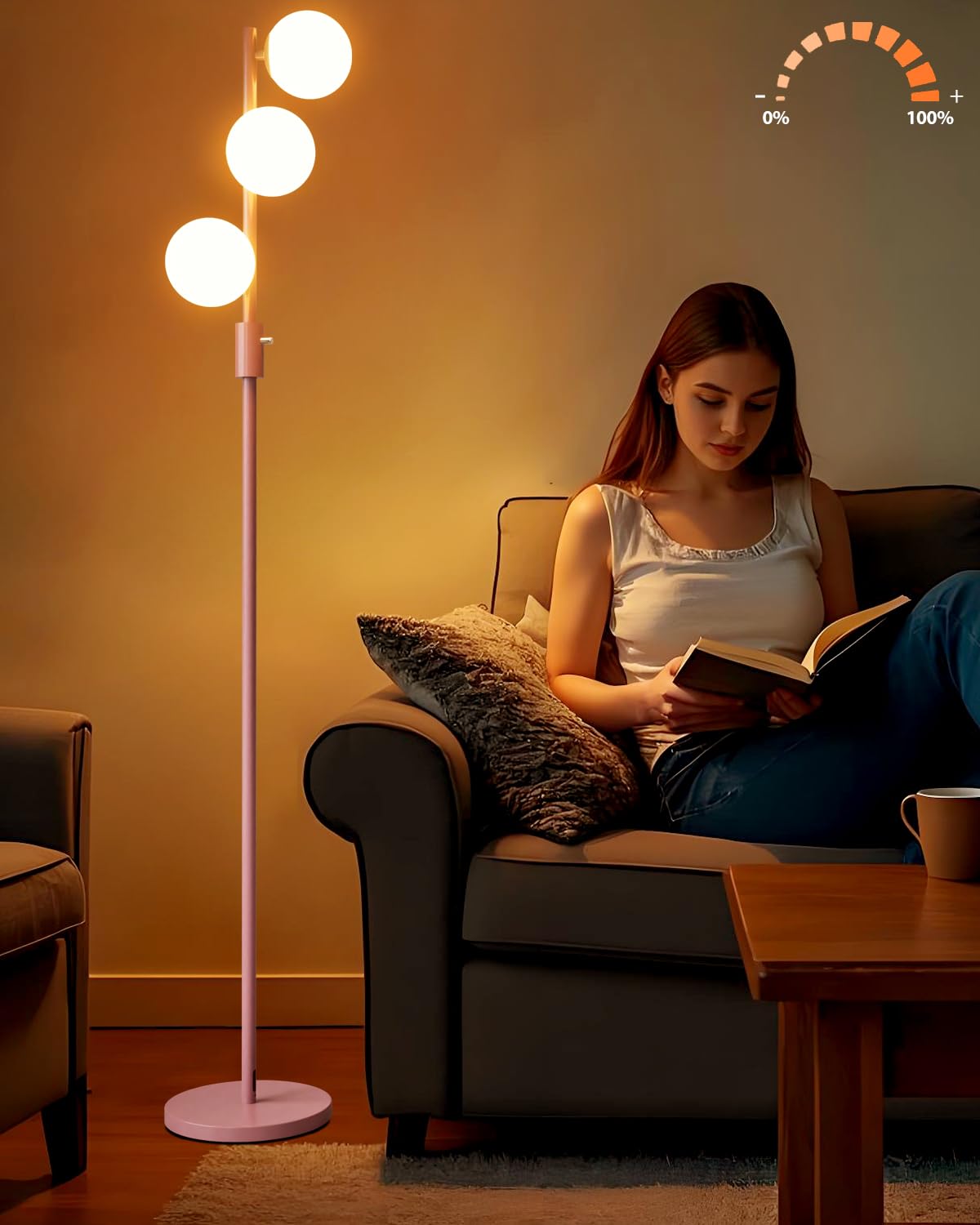 Lightdot Dimmable (Brightness Adjustable) Globe Floor Lamp, Pink Pole Standing Lamps with 3PCS 3000K G9 Bulbs, Mid Century Moder
