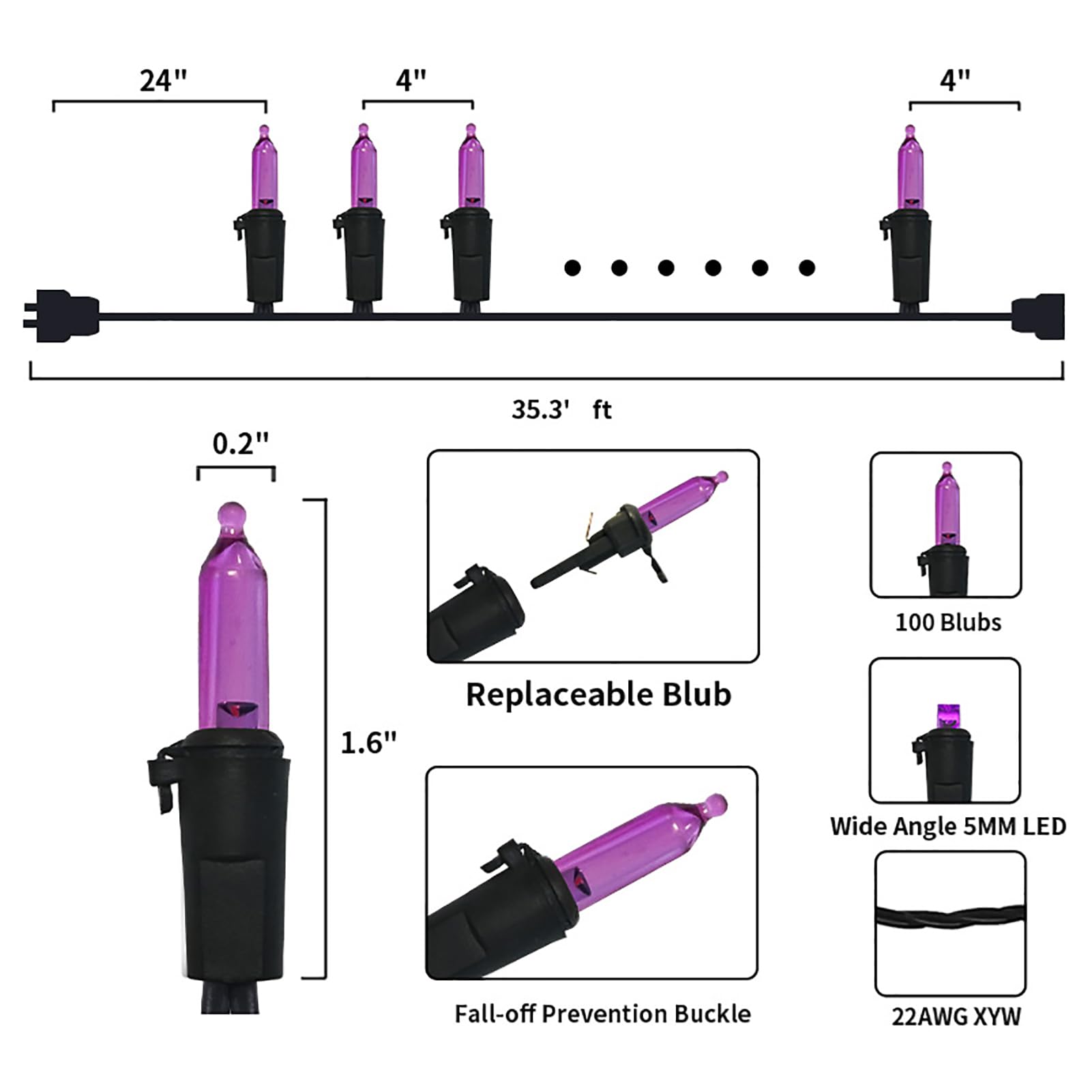 MULTI-SPARKING Purple Halloween LED String Lights - 100 Count, 33ft Black Wire, UL Certified, Connectable, 2 Pack