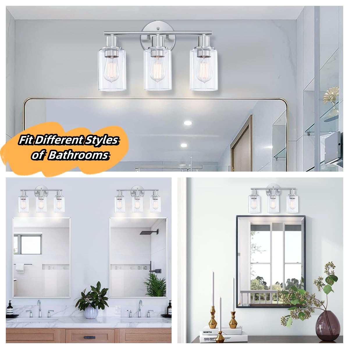 Wisbeam 3-Light Brushed Nickel Bathroom Vanity Light With Clear Glass Shade, Bulb Not Included