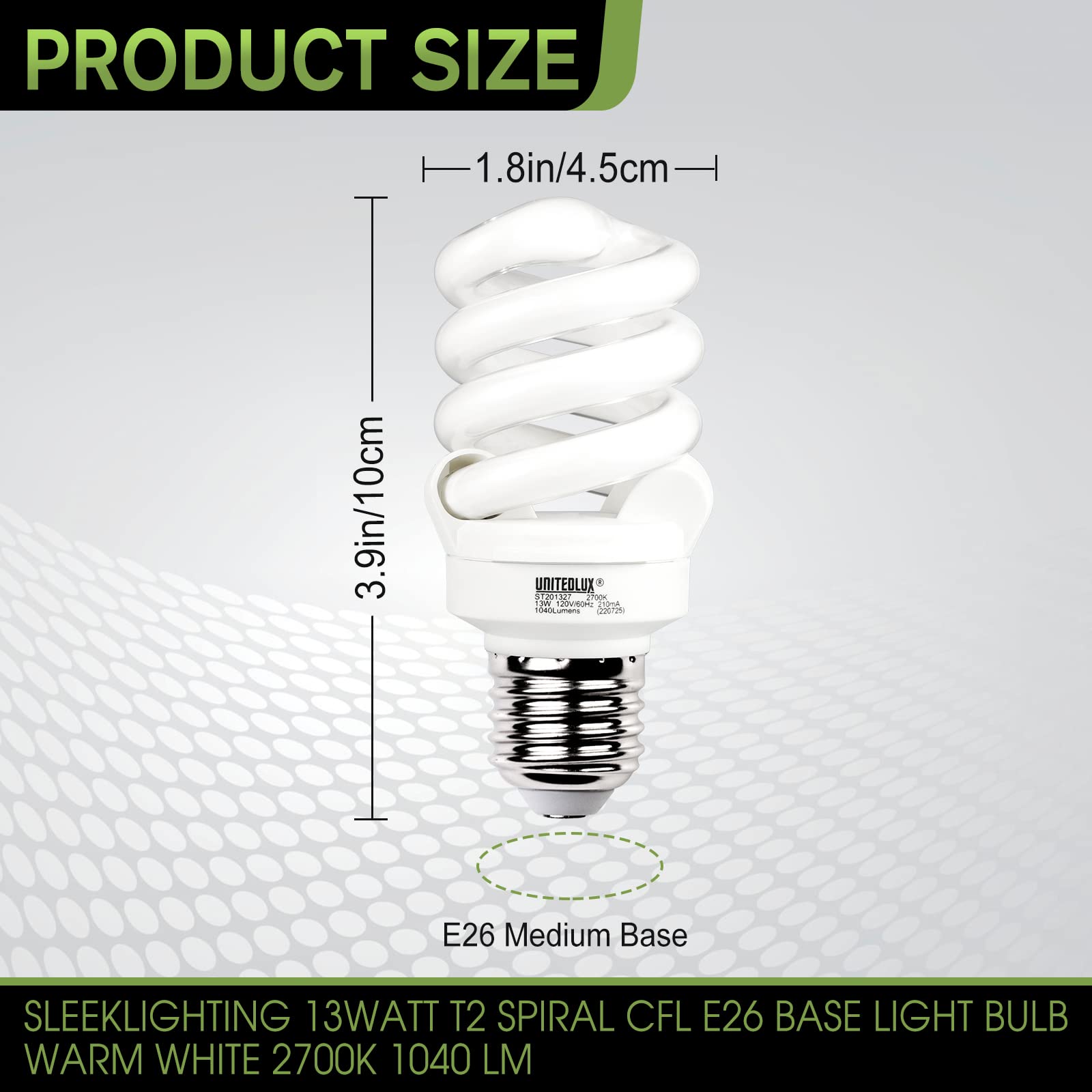 Unitedlux E26 Spiral Cfl Light Bulbs Medium Base 13Watt (60Watt Equivalent) Soft White 2700K, 1040Lm Non-Dimmable Compact Fluore