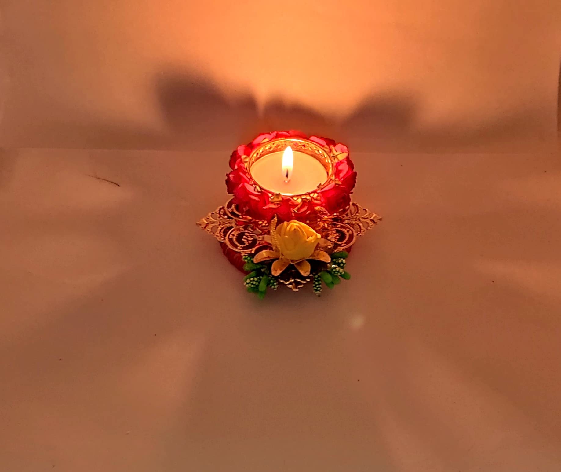 Vibhushita Pack of 2 Metal and Plastic Designer Yellow Pink Flowers Decorative Handmade Diwali Oil Wax Lamp with 2 T-Light Candl