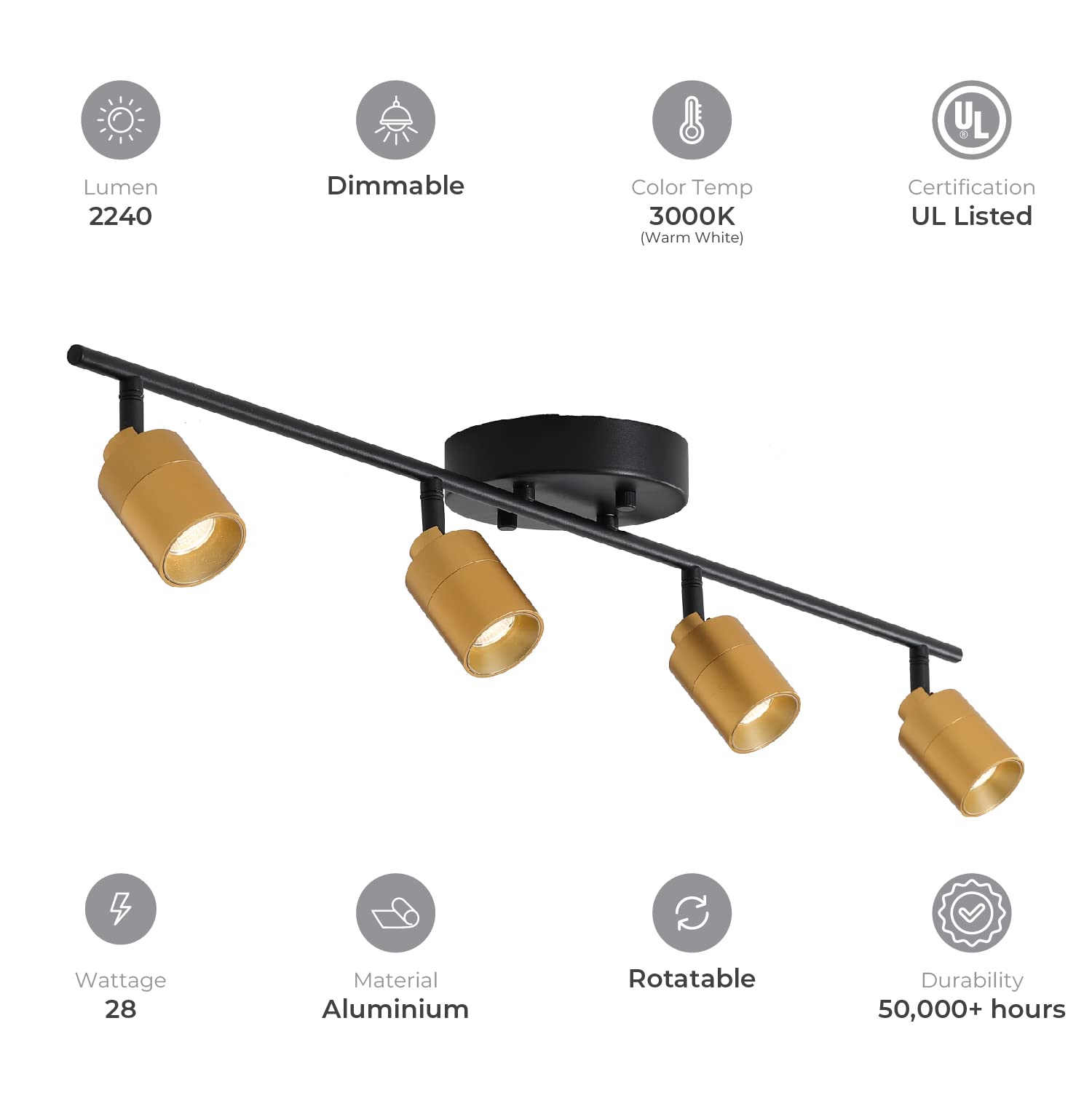 Shura Black & Brass 4-Light Track Light With Adjustable Heads, Integrated Led Bulbs, 3 Ft. Track Lighting Kit Ceiling Light, 300