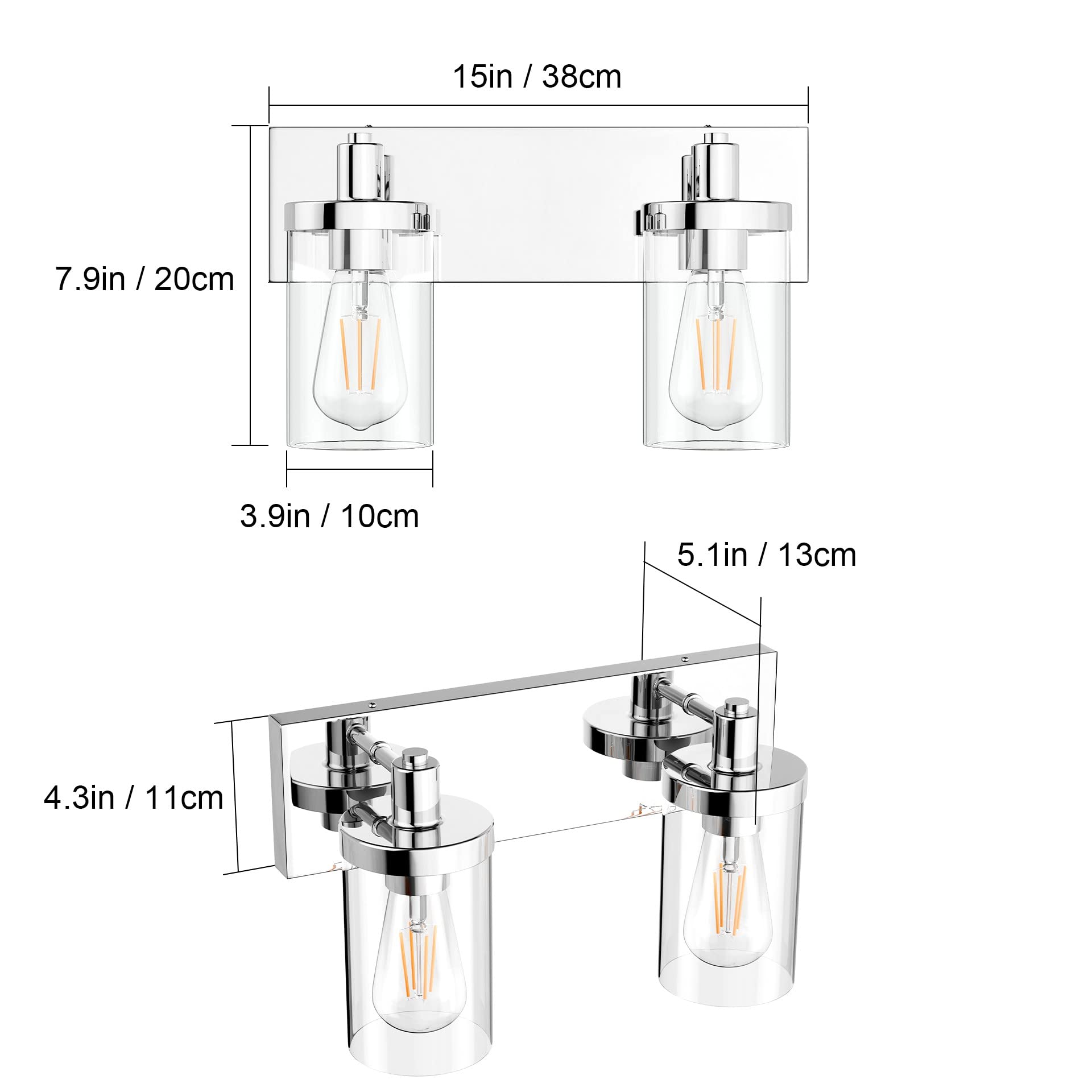 Aipsun Bathroom Vanity Light Fixture, 2-Light, Chrome, Stainless Steel, Model GW-1136, Clear Glass Shade