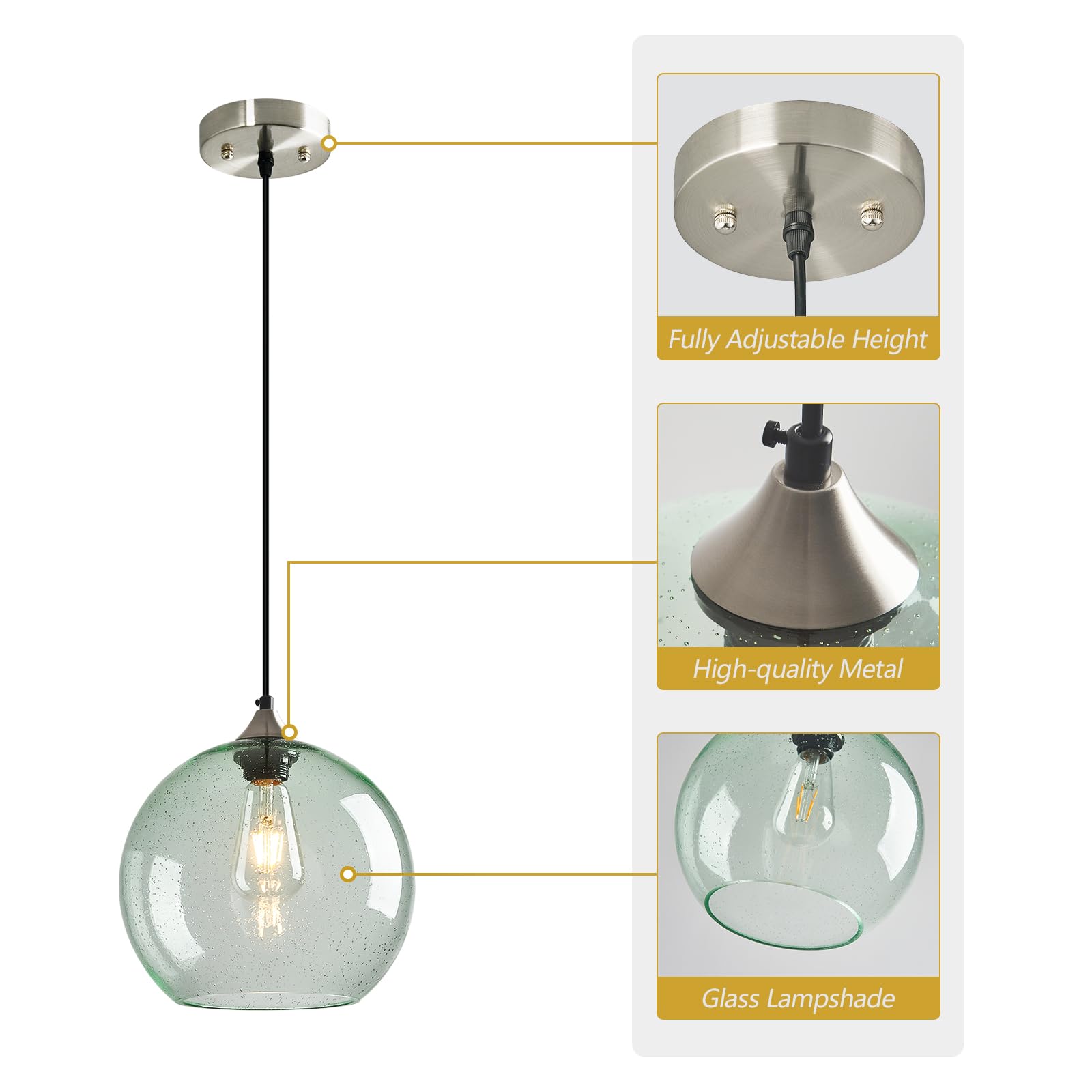 Lbsqj Light Green Glass Pendant Lights Kitchen Island Globe Pendant Light Fixtures Modern Pendant Lighting For Bedroom Living Dining Room Light Fixture (9.84 In  3 Pack)