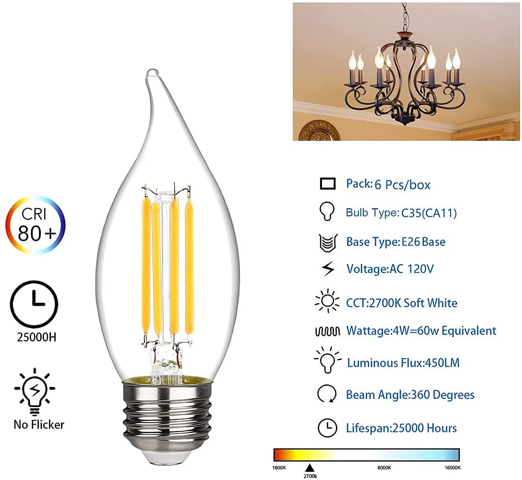 Bort C35/Ca11 Chandelier Led Light Bulbs, Dimmable 4W Equivalent To 40W Led Candelabra Bulbs, 2700K Warm White, E26 Standard Bas