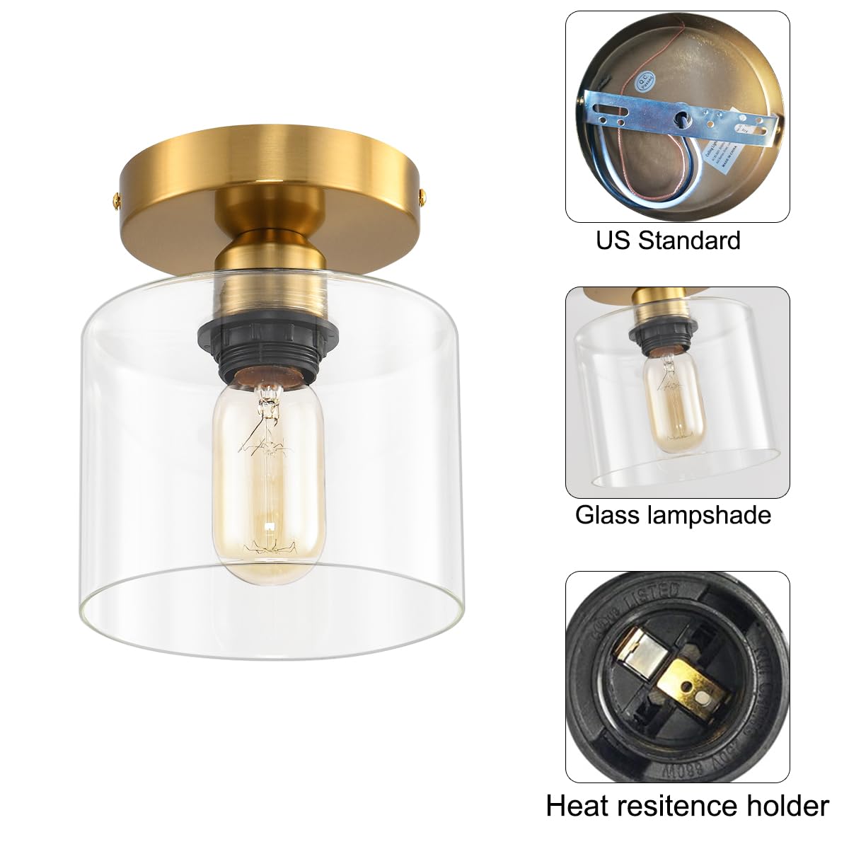 Deamakk Brass Modern Semi Flush Mount Ceiling Light, Gold Rustic Ceiling Light Fixture For Closet, Hallway, Kitchen, Hallway Lig