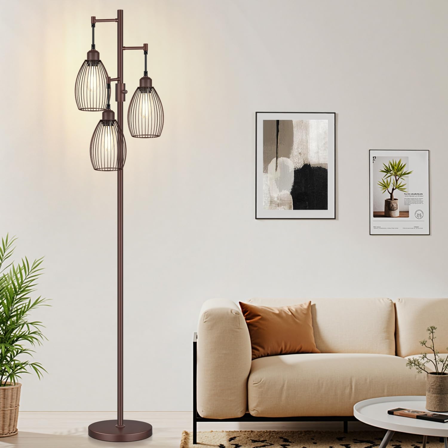Nintiue Dimmable Floor Lamp 3x800LM LED Bulbs Included  Farmhouse Industrial Floor Lamp Standing Tree Lamp with Teardrop Cage Head Tall Lamp for Living Room Bedroom Office Dining Room - Matte Brown