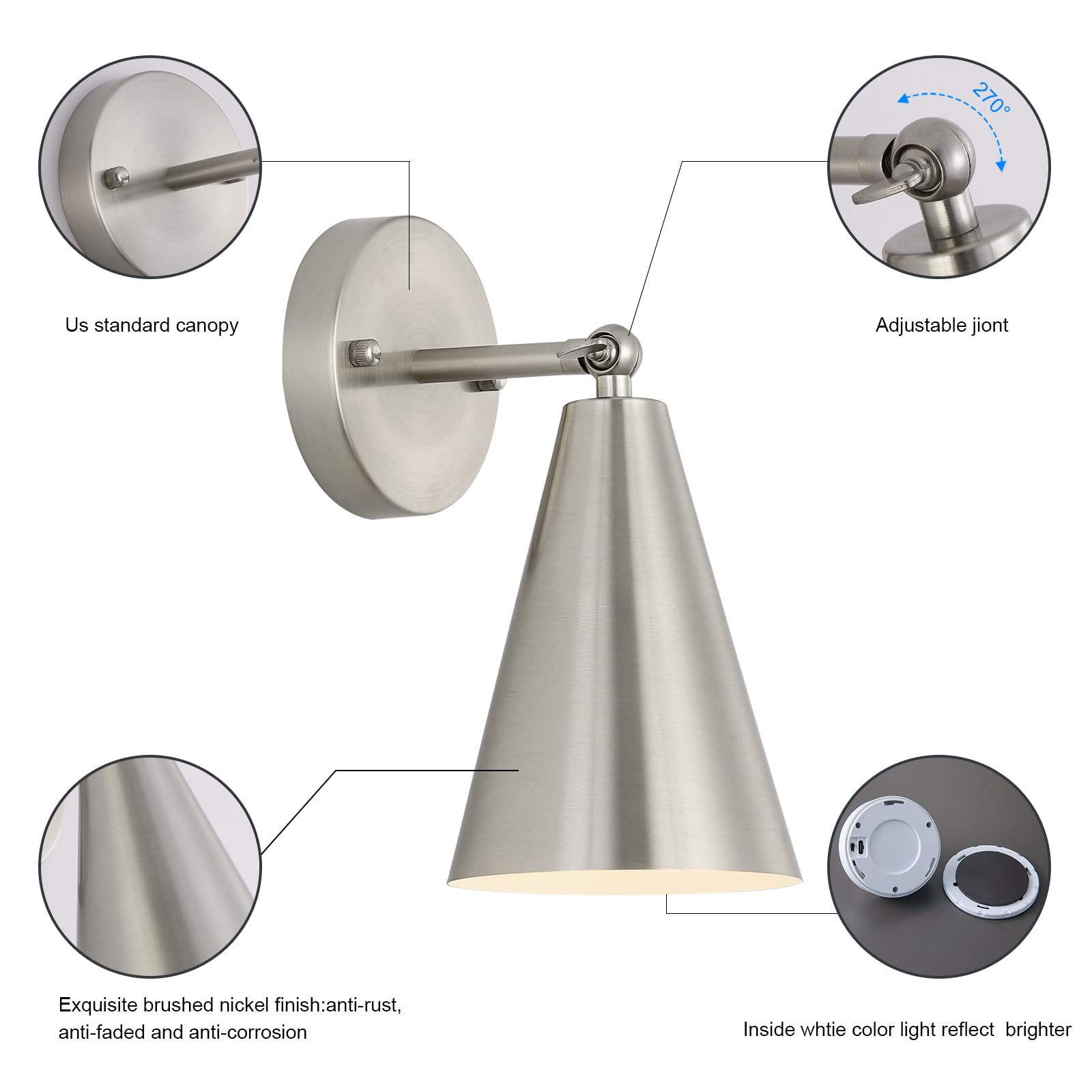 MWZ Wall Sconces Set of Two, Battery Operated, Dimmable, Adjustable Angle, Nickel, Model W-XL125