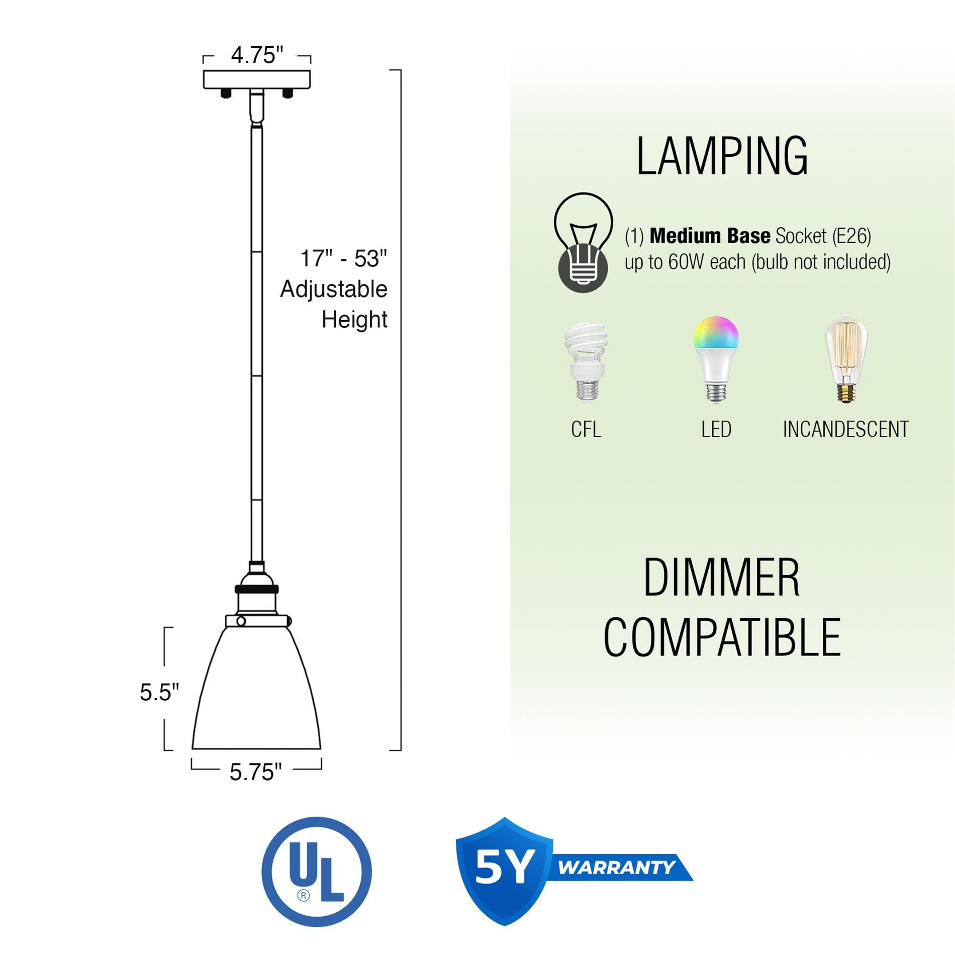 Kira Home Vintage Industrial Pendant Light, Dimmable, Adjustable Height, Brushed Nickel, Model RV-CP6962-BN