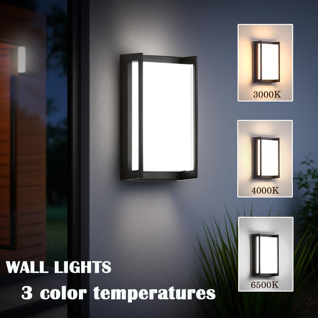 iYogaled Outdoor Wall Sconce, IP65 Waterproof, 18W, 3-Color Temperature, 2 Pack, Black, Model 1853-2PCS