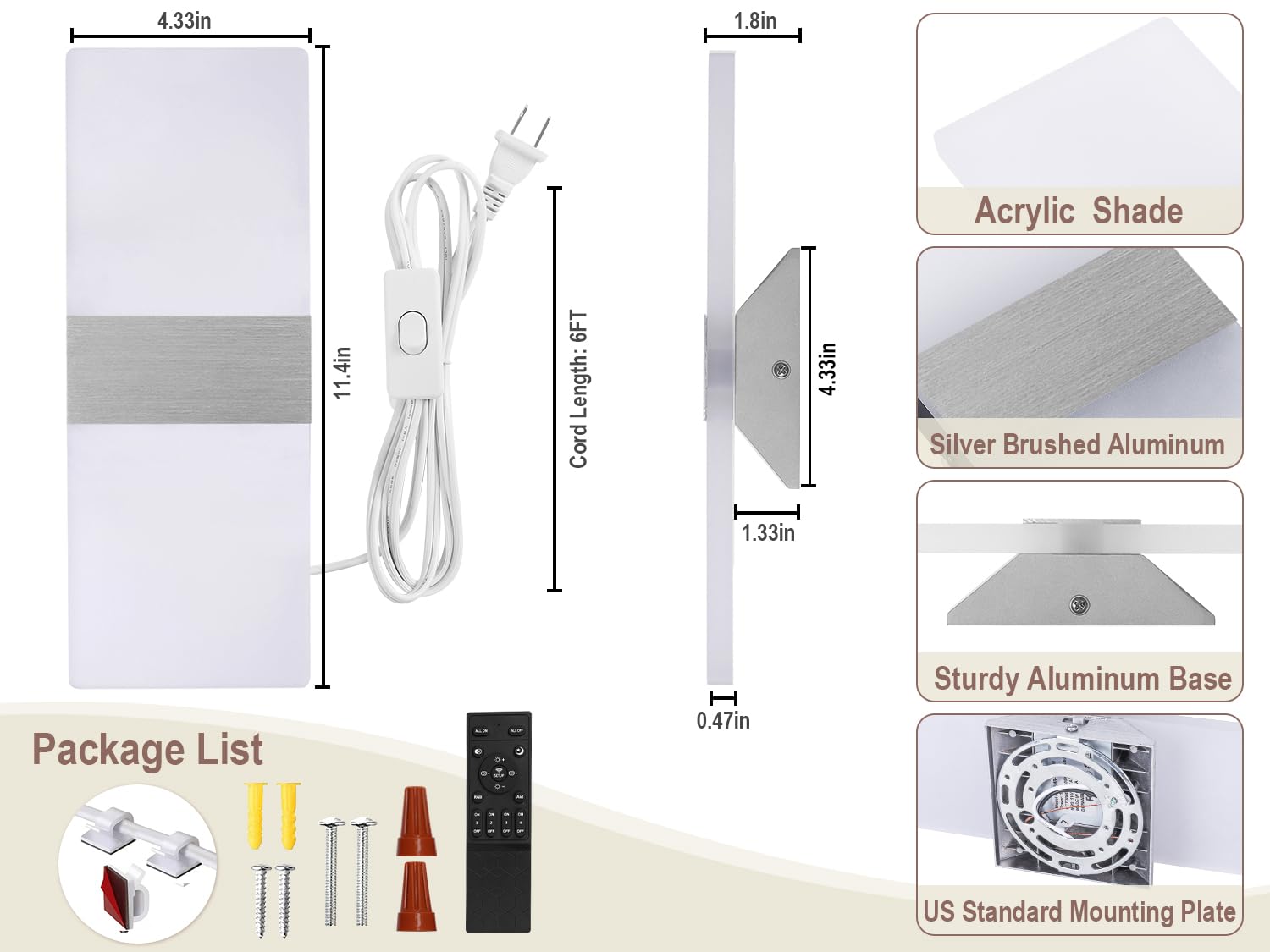 Plug In Wall Sconce With Remote Control, 3000K-6500K Stepless Color Temperature, 10%-100% Stepless Dimmable, 12W Plug In Wall Li