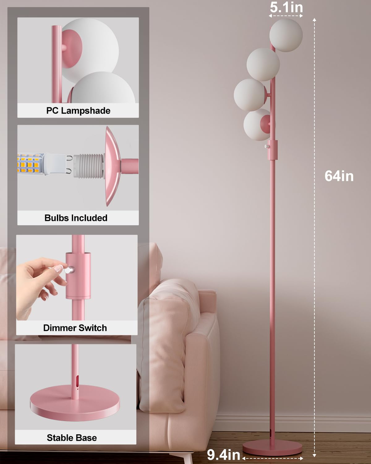 Lightdot 64IN Dimmable Globe Floor Lamp, Pink Metal with 4 G9 Bulbs, Mid Century Modern Design for Living Room