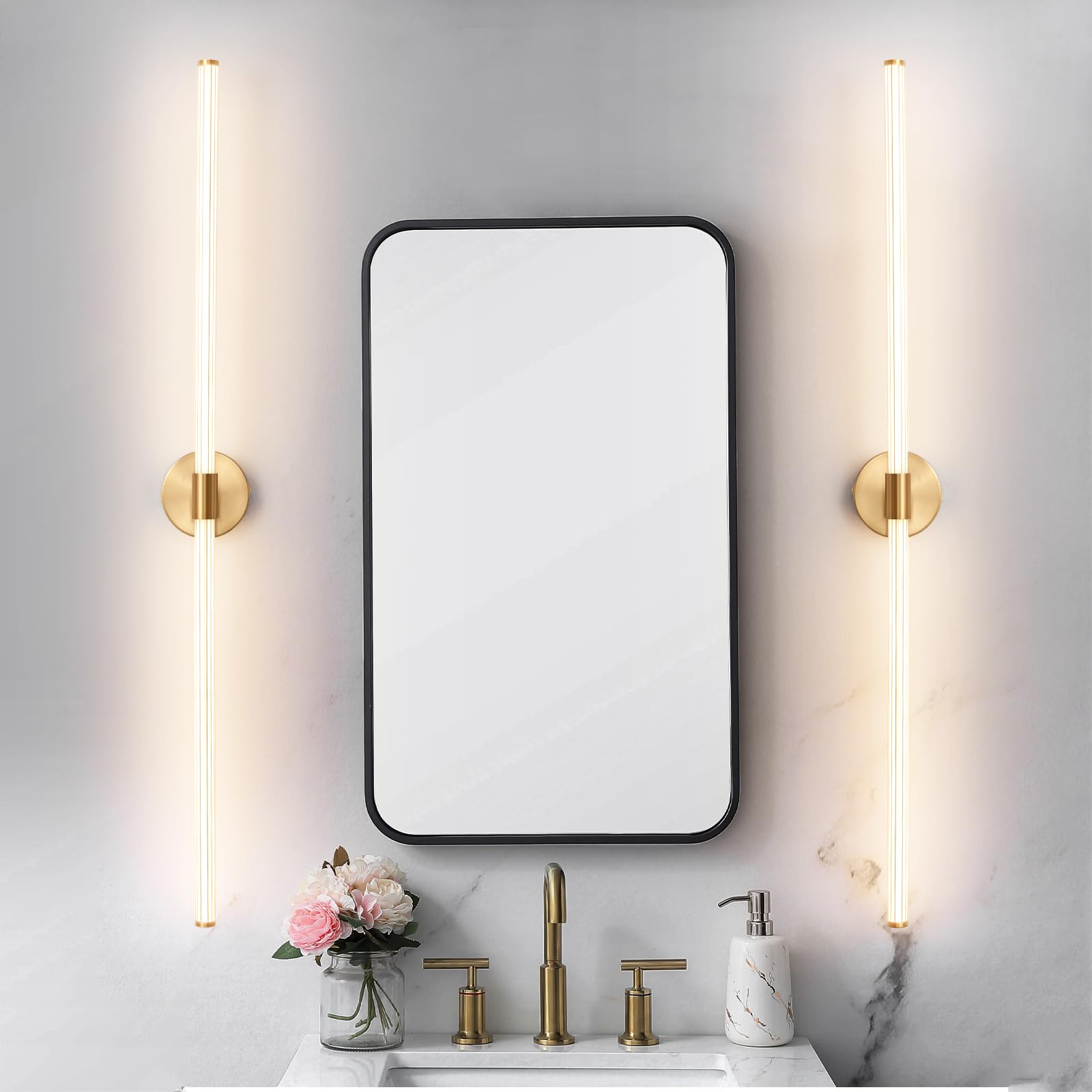 Gednbo Gold Bathroom Vanity Lights 49 Inch Long Bathroom Light Fixtures Over Mirror, Dimmable Led 360° Full Lighting Modern Vanity Light Bar Wall Sconce Warm Light For Bedroom Living Room