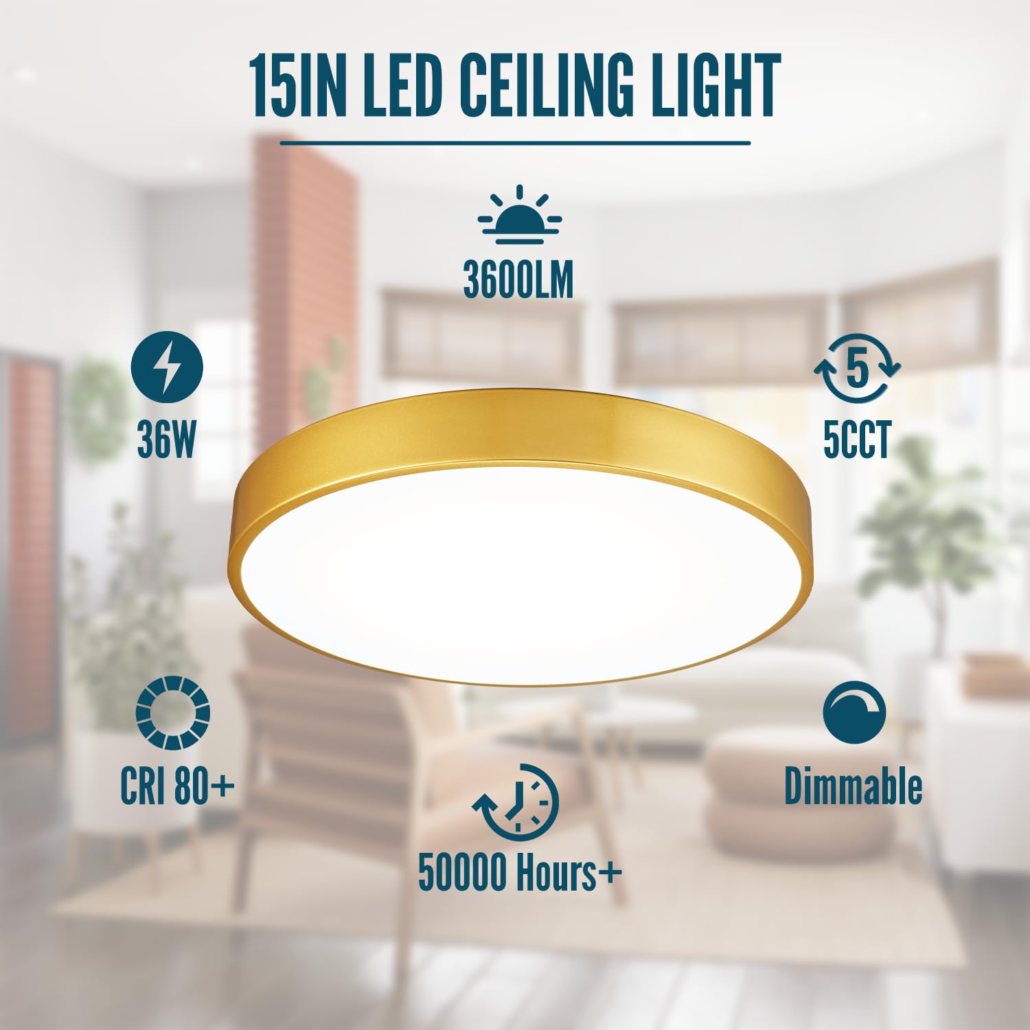 Wheatronic Gold LED Ceiling Light Fixture 15 Inch 36W Dimmable Flush Mount, Modern Design for Bedroom, Bathroom, Living Room