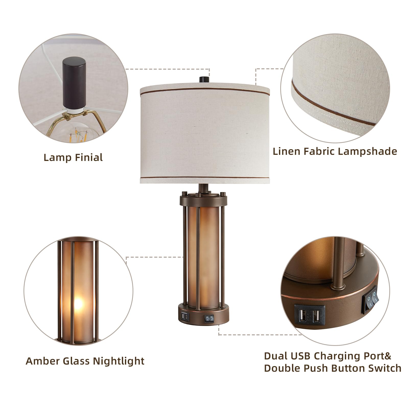 Farmhouse Table Lamps For Living Room With 2 Usb Charging Ports, Vintage Rustic Nightstand Lamp With Amber Glass Nightlight, Ret