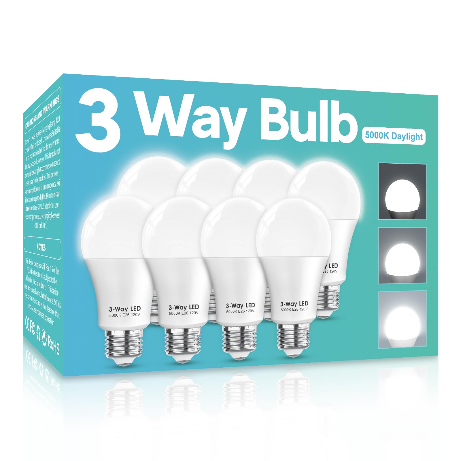 Gonhom 3 Way LED Light Bulbs 50 100 150W Equivalent, Daylight White 5000K 3 Way Light Bulbs, A19 Three Way Light Bulbs,E26 Base 3-Way Light Bulbs for Reading,Living Room-8 Pack