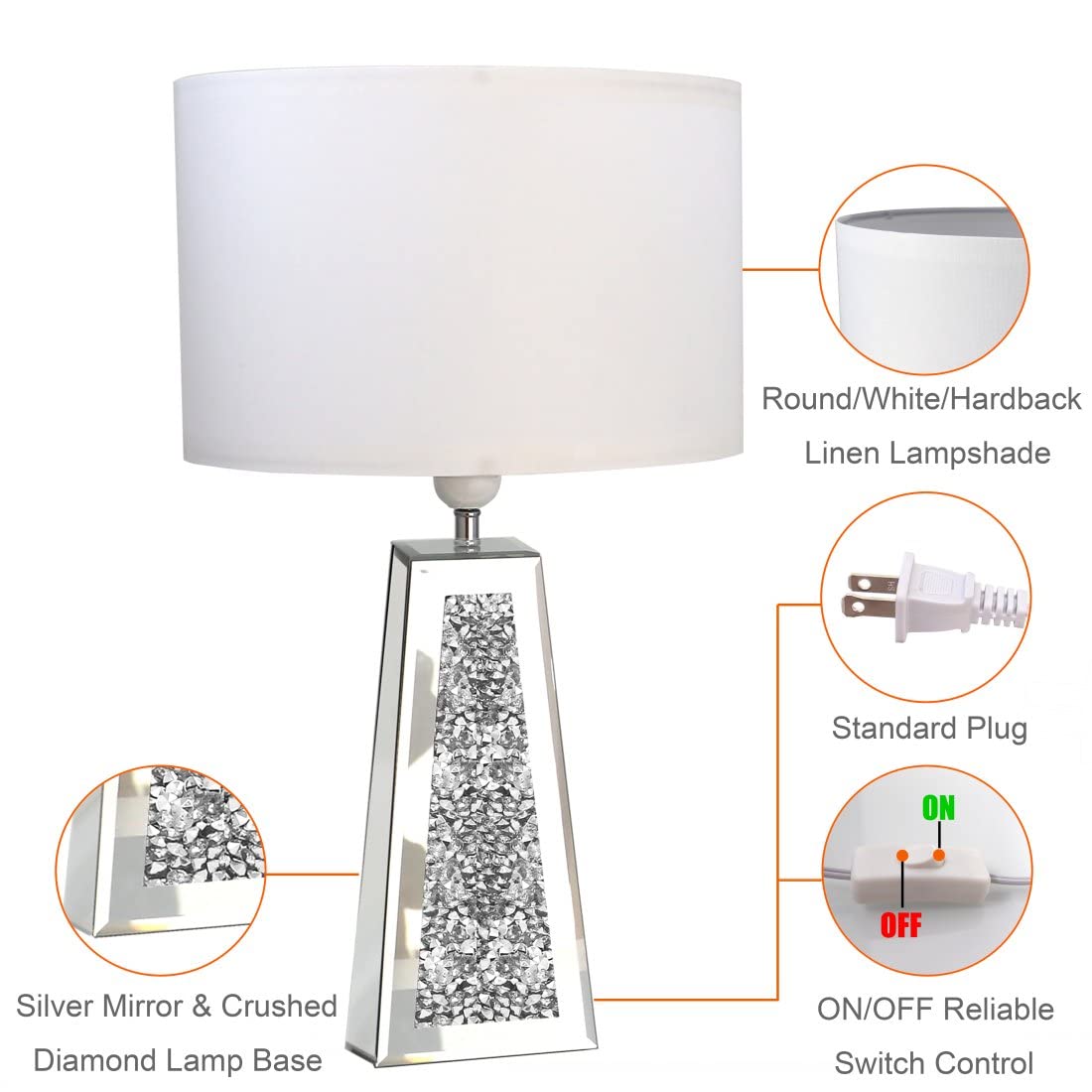 GOTHICO LED Table Lamp Set of 2, Silver Mirror Base, White Linen Shade, 20.7" Height, Modern Decor for Living Room & Bedroom