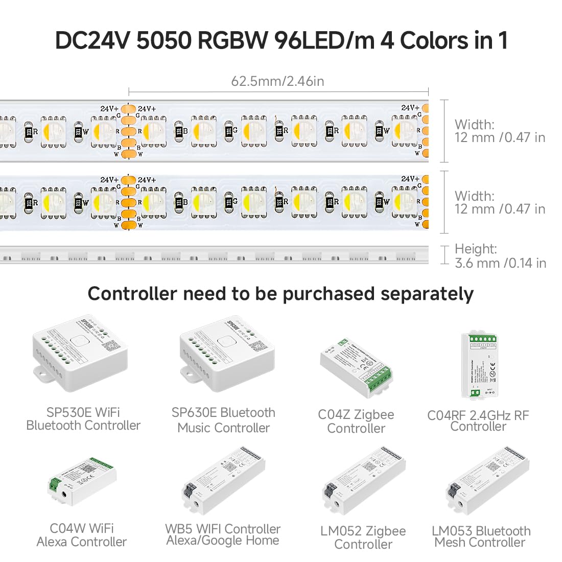 BTF-LIGHTING 5050 RGBW LED Tape Lights, 5m, IP65 Waterproof, White PCB, RGB+Cool White, Model 24VRGBCW45M505096
