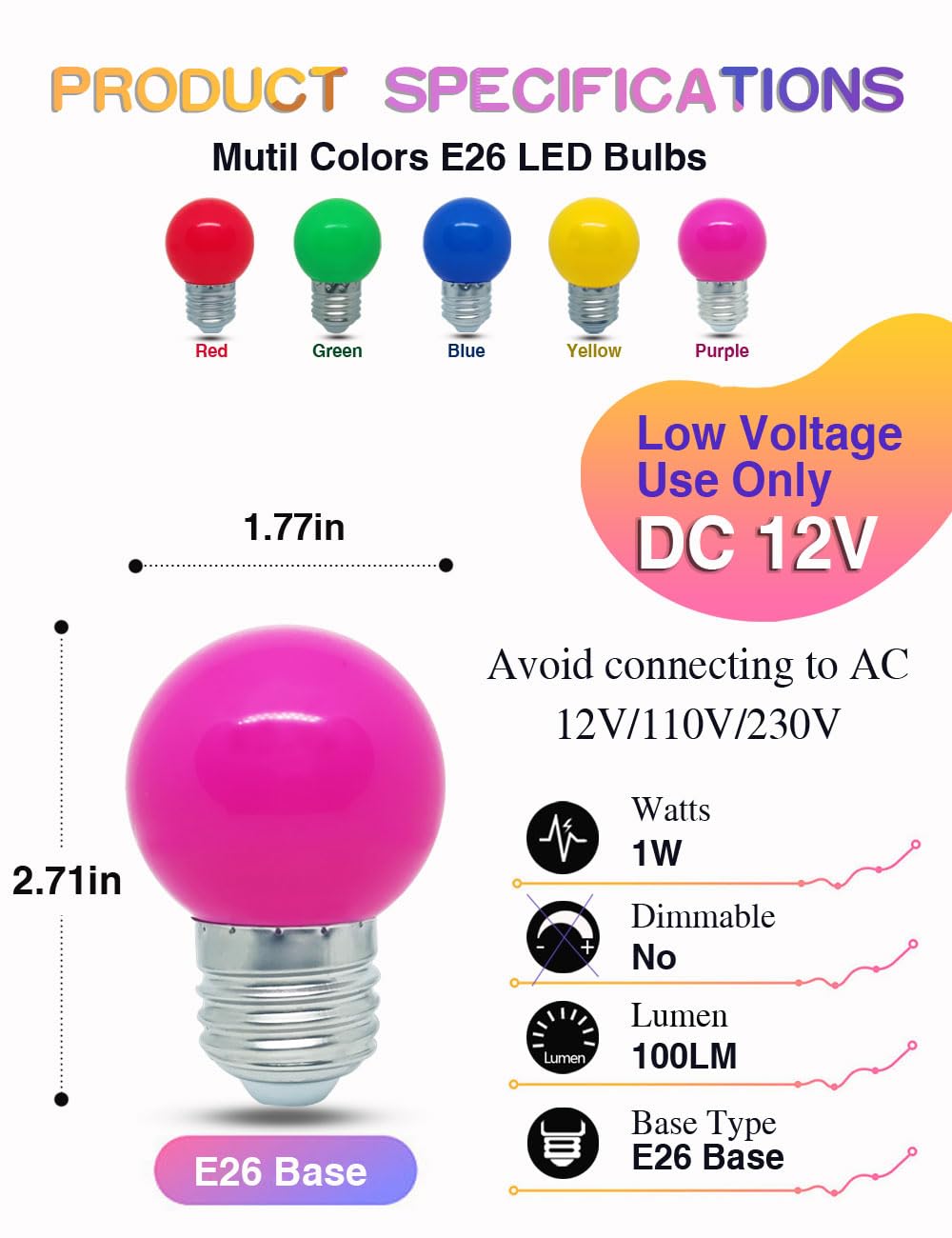Tupolife Dc 12 Volt Led Bulbs  Low Voltage Light Bulbs  Purple 1W G14 G45 Mini Globe E26 Colored Night Lights  10W Equivalent For Christmas Halloween Holiday String Fairy Mood Lights Decor  5 Pack