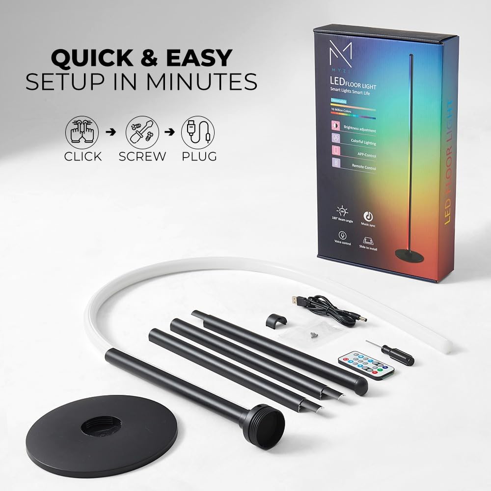 MYZI LED Floor Lamp, RGB Smart Corner Lamp, Dimmable with Remote & App Control, Black, Model MZ-LED-FBA