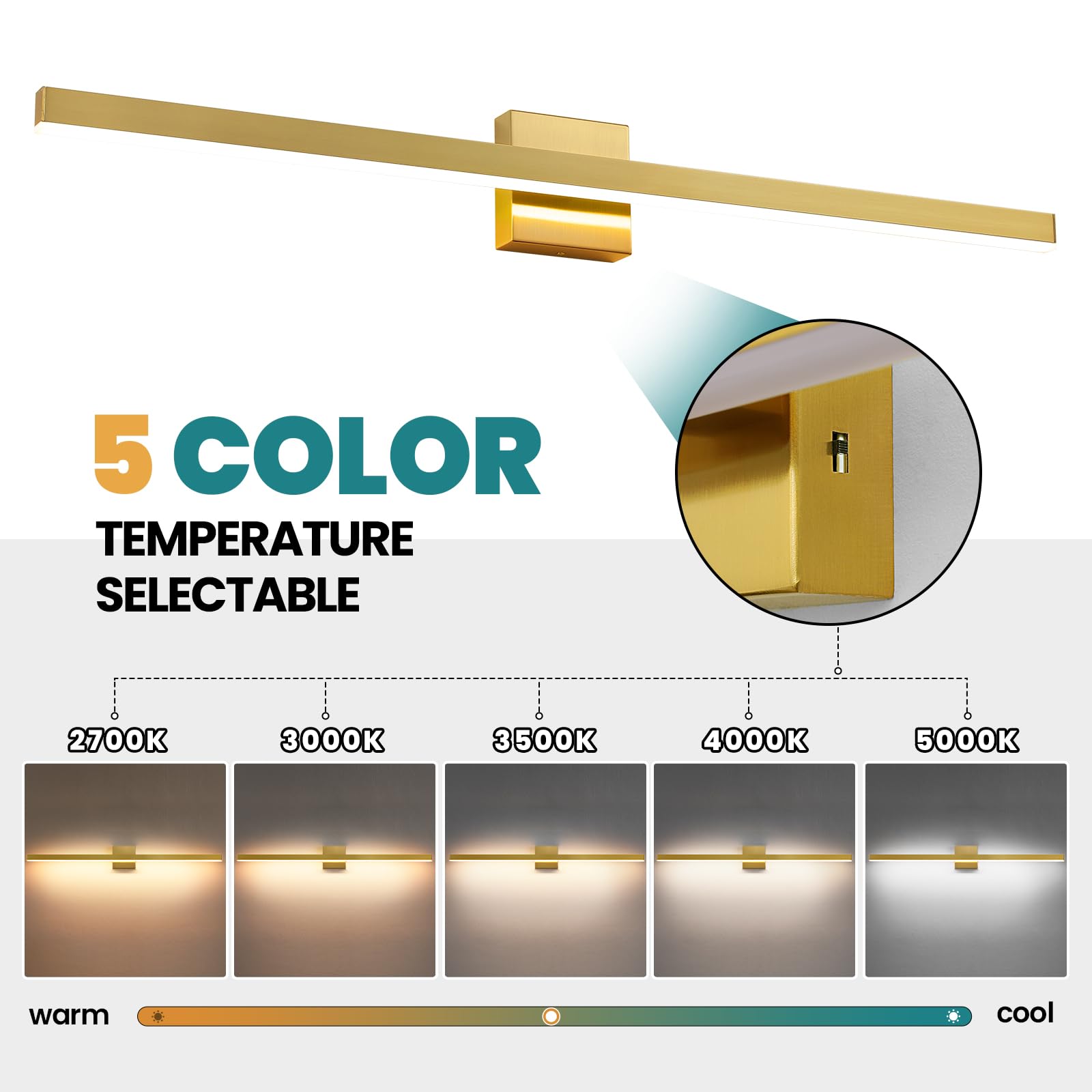 Kaisite Brushed Gold Vanity Light For Bathroom Above Mirror 39 Inch Led 5Cct Bathroom Lighting Fixtures Dimmable Modern Bath Wall Light Fixture Over Mirror