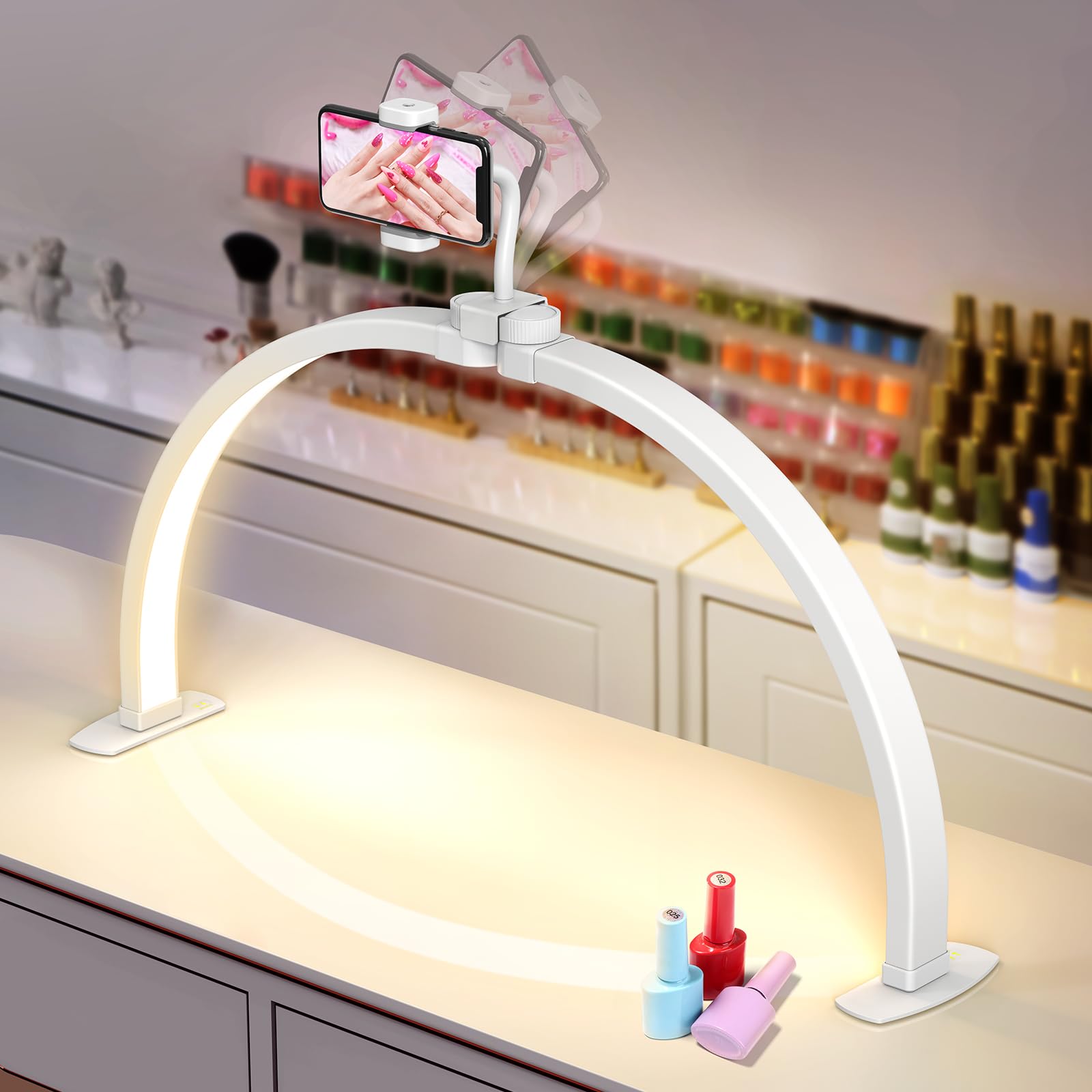 Yokilly Half Moon Desk Lamp - 29in Foldable with Phone Holder, 3 Color Modes, 10 Brightness Levels, Large, White, ABS Material