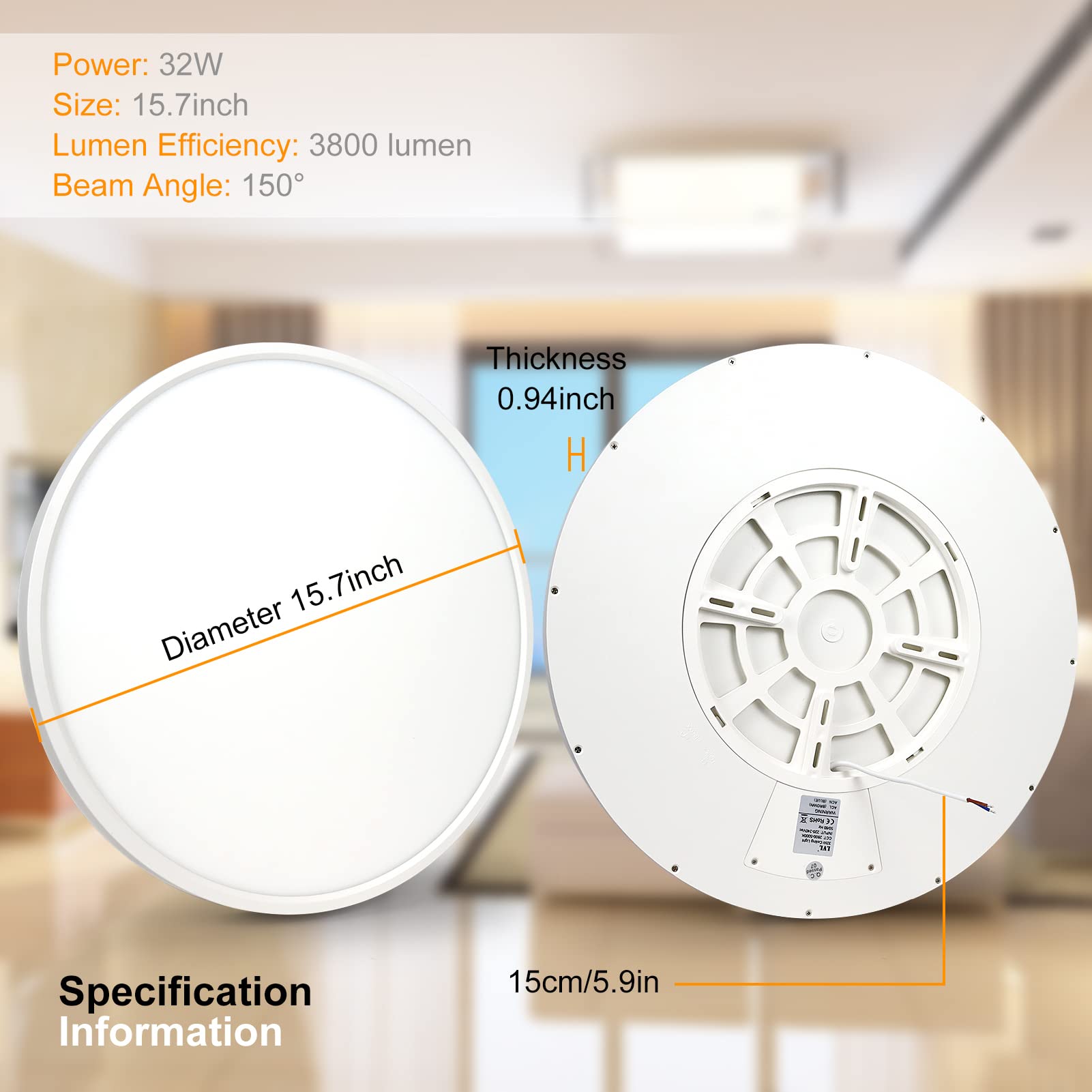 inShareplus LED Ceiling Light 32W 3800LM Flush Mount 15.7inch Warm White Model LV400