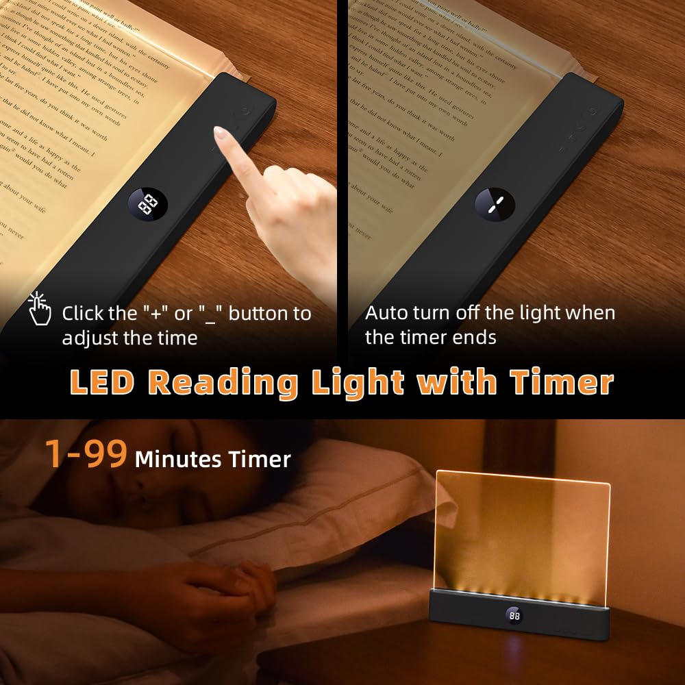 VEEKI Rechargeable LED Book Light with 3 Colors & Timer, Dimmable Flat Panel Lamp for Reading, Black, Model VK-SD-01