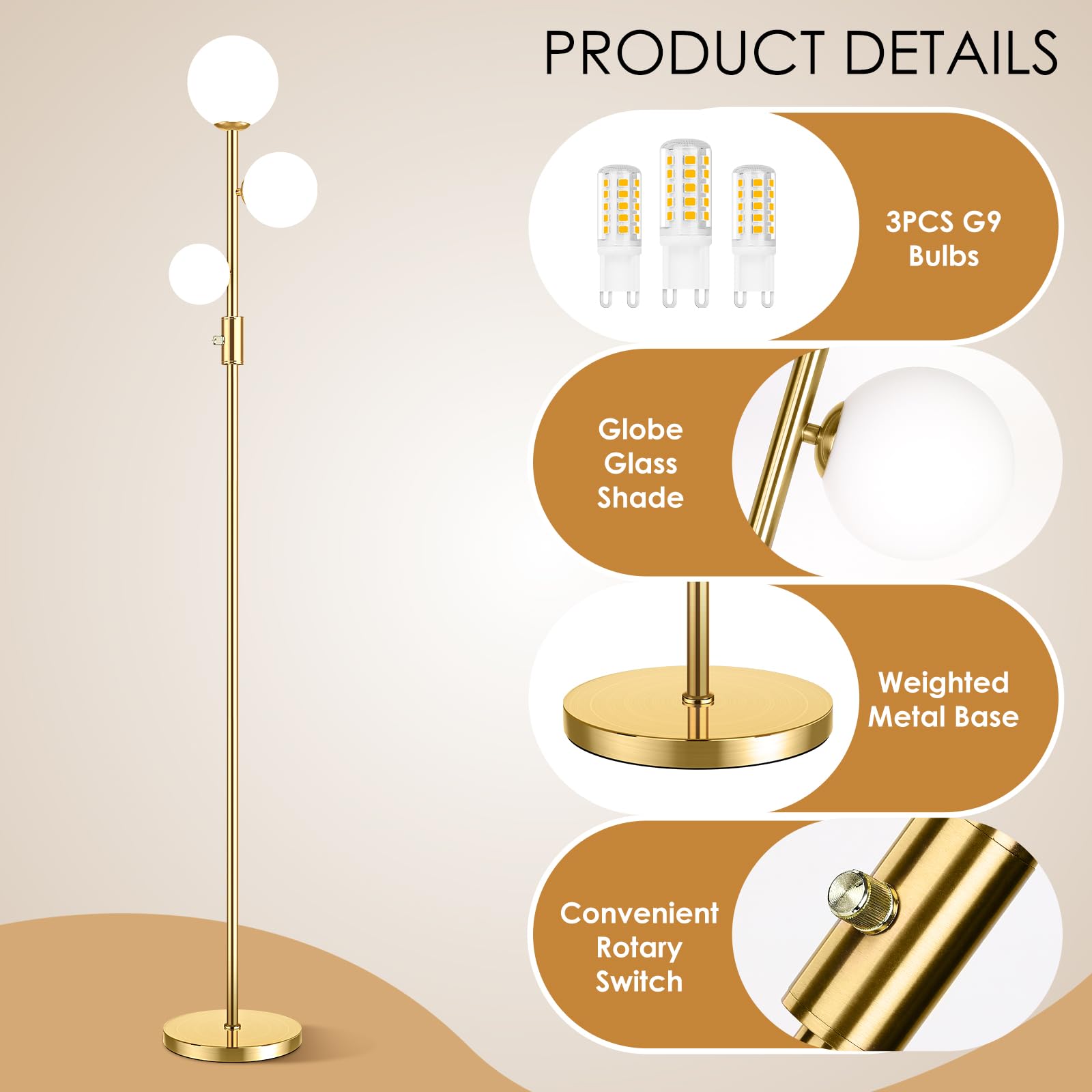 Sucolite 69'' 3-Globe Mid Century Floor Lamp For Living Room, Modern Dimmable Tall Standing Lamp With Frosted Glass Shades, Cont