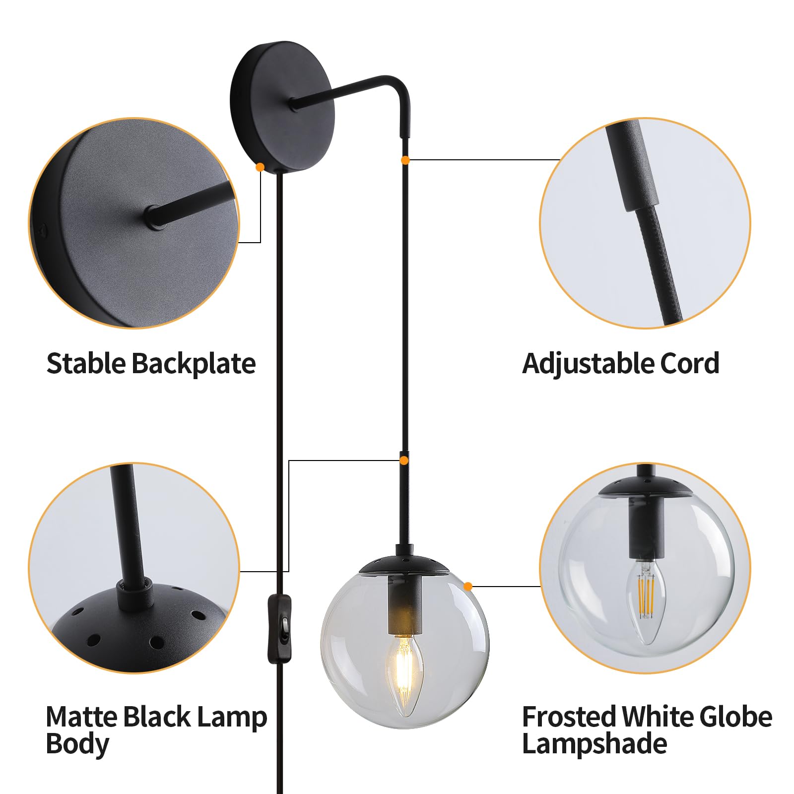 KUZZULL Wall Sconces Set of 2, Matte Black Iron with Globe Clear Glass Shade, 29in Plug-in Wall Lights for Bedrooms and Decor