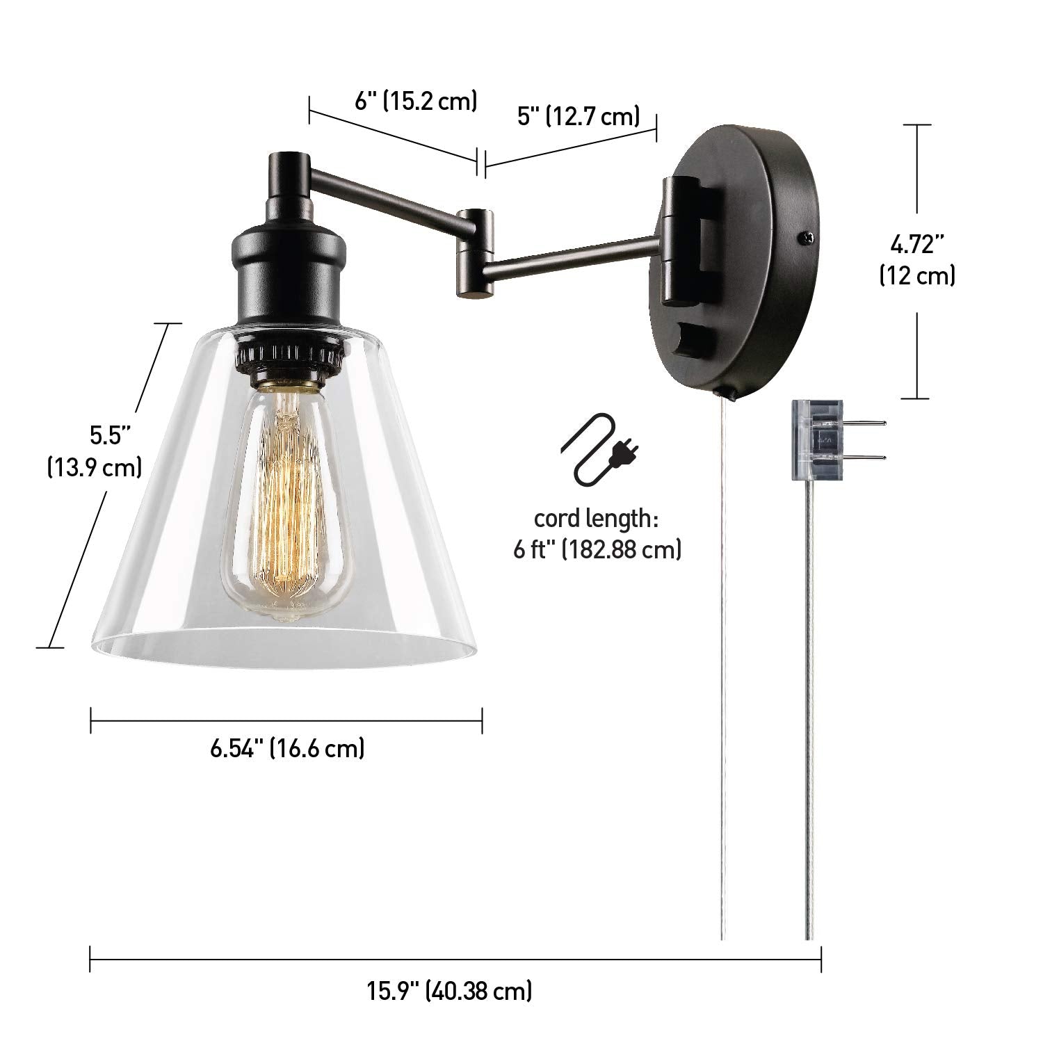 Globe Electric 65311 Industrial Wall Sconce, Dark Bronze, Metal, 12in, Plug-in/Hardwire, On/Off Switch, Clear Glass Shade