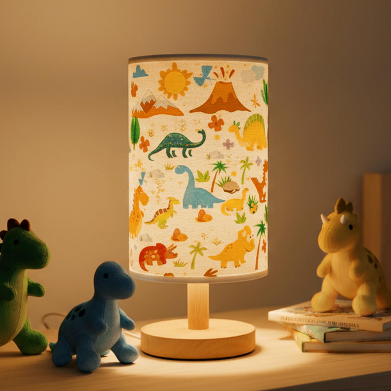 OEWWSKK Dinosaur Lamp, Dinosaur Lamps for Boys Room, 3 Colors Nightstand Light Lamp, Round Wood Base Flaxen Fabric Desk Lamp for