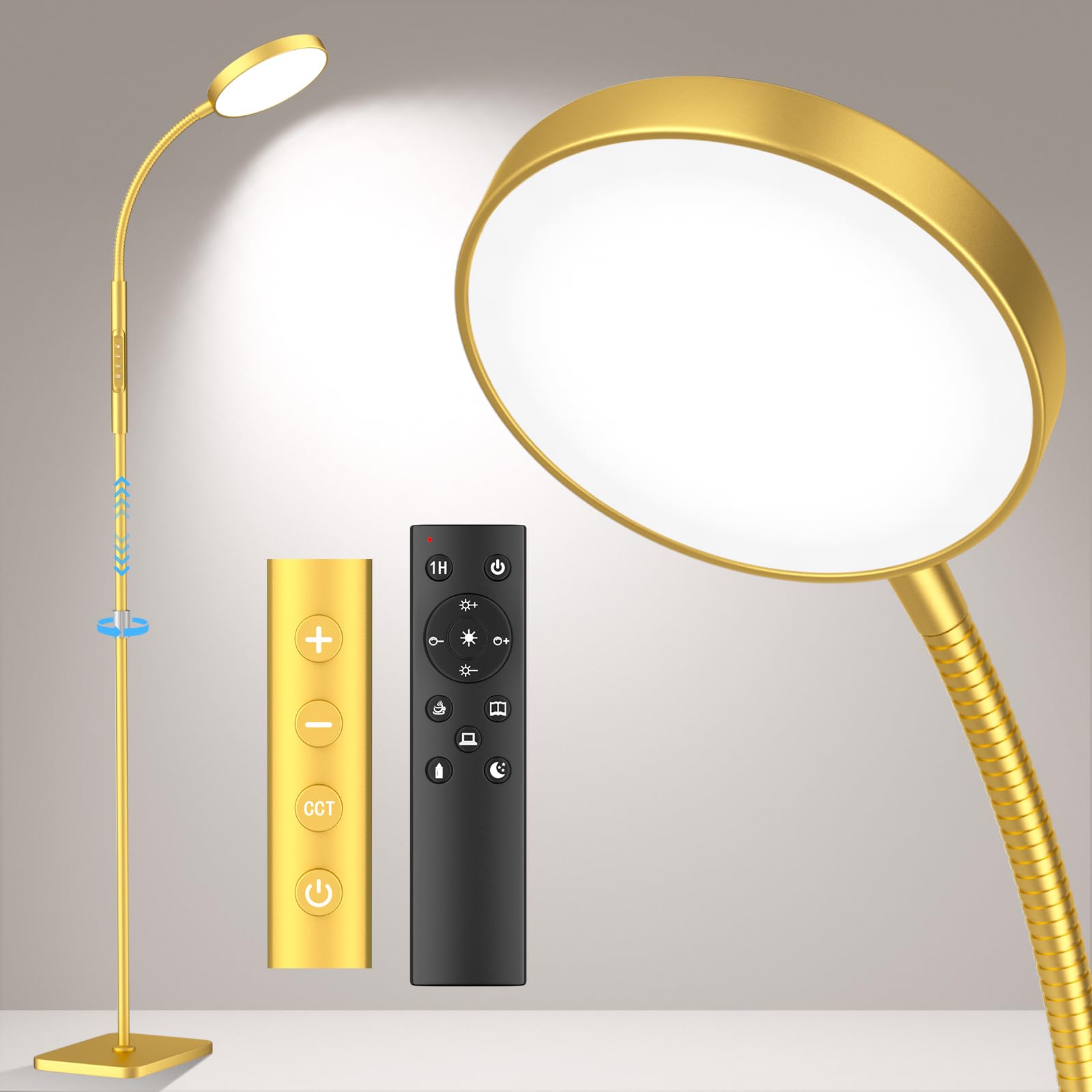 PACOVY Adjustable Height Floor Lamp, 120 LED Dimmable Gooseneck, Metal, 1 Pack, Gold, Model ADJ-01