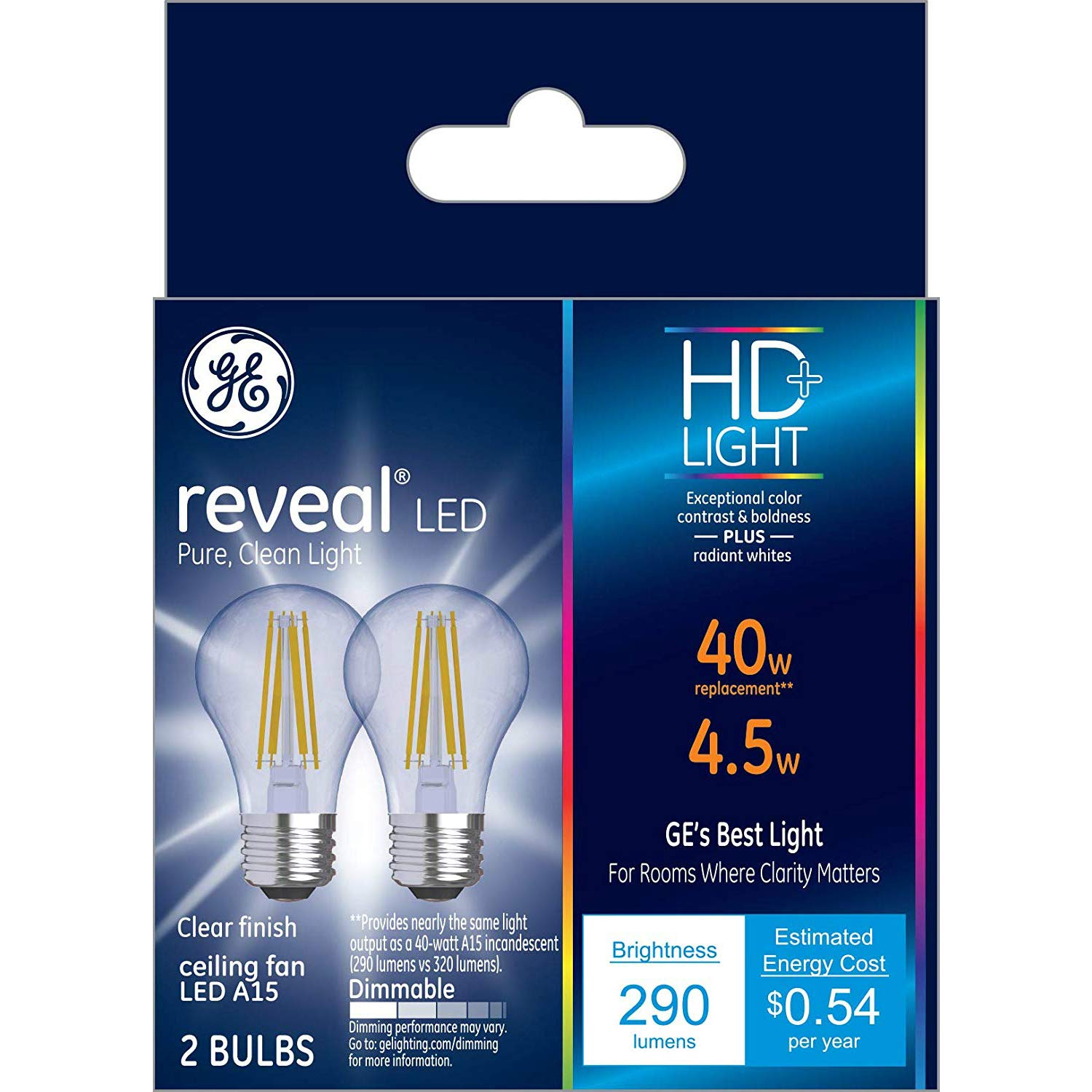 GE Reveal Light Bulbs, A15 Ceiling Fan, 40 Watt, Medium Base, Clear, 2 Pack, Model 31892