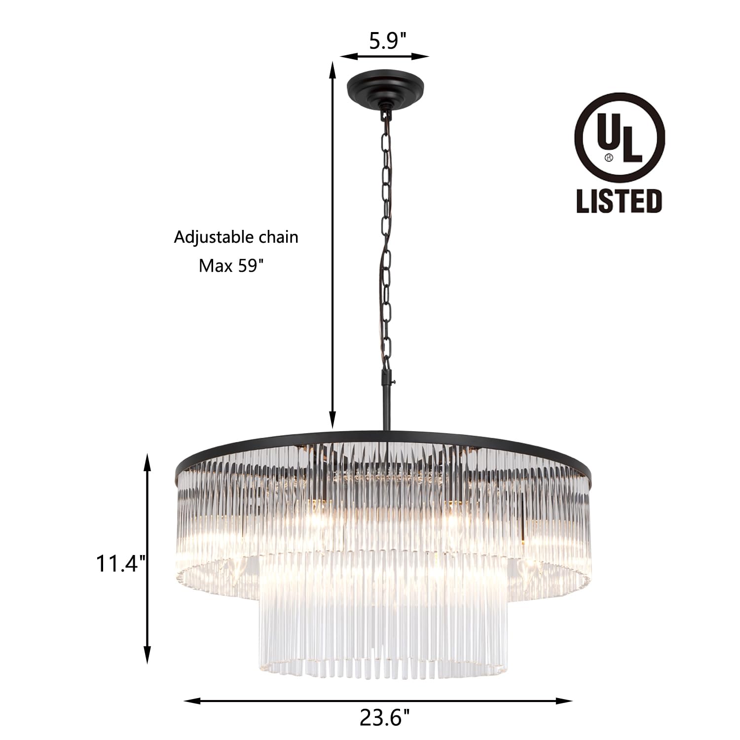Akeelighting Black Modern Chandelier, 2-Tier Crystal Glass, 8-Light Round Dining Room Chandelier, Contemporary Pendant Ceiling L