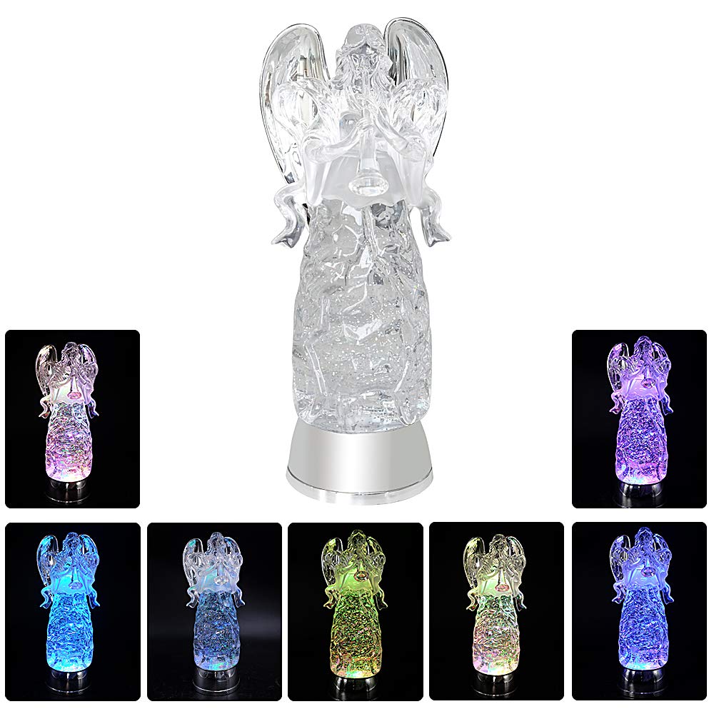 Wondise Angel Color Changing Night Light Snow Globe With Timer, 11 Inches Battery Operated Swirling Glitter Led Angel Lights For