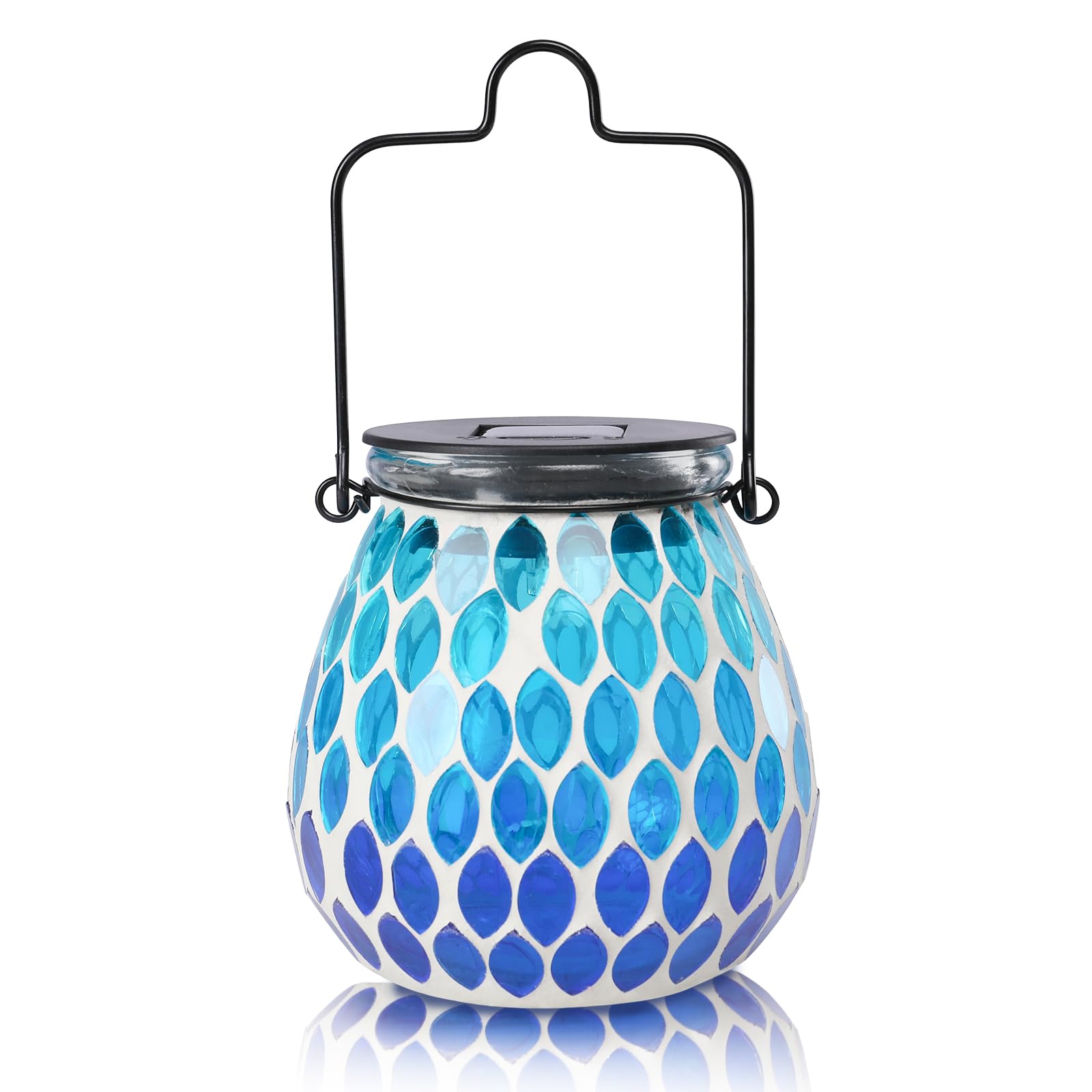 Afirst Mosaic Solar Lantern - Waterproof Glass Hanging Light for Garden & Patio, Ocean Blue, Model 5009420