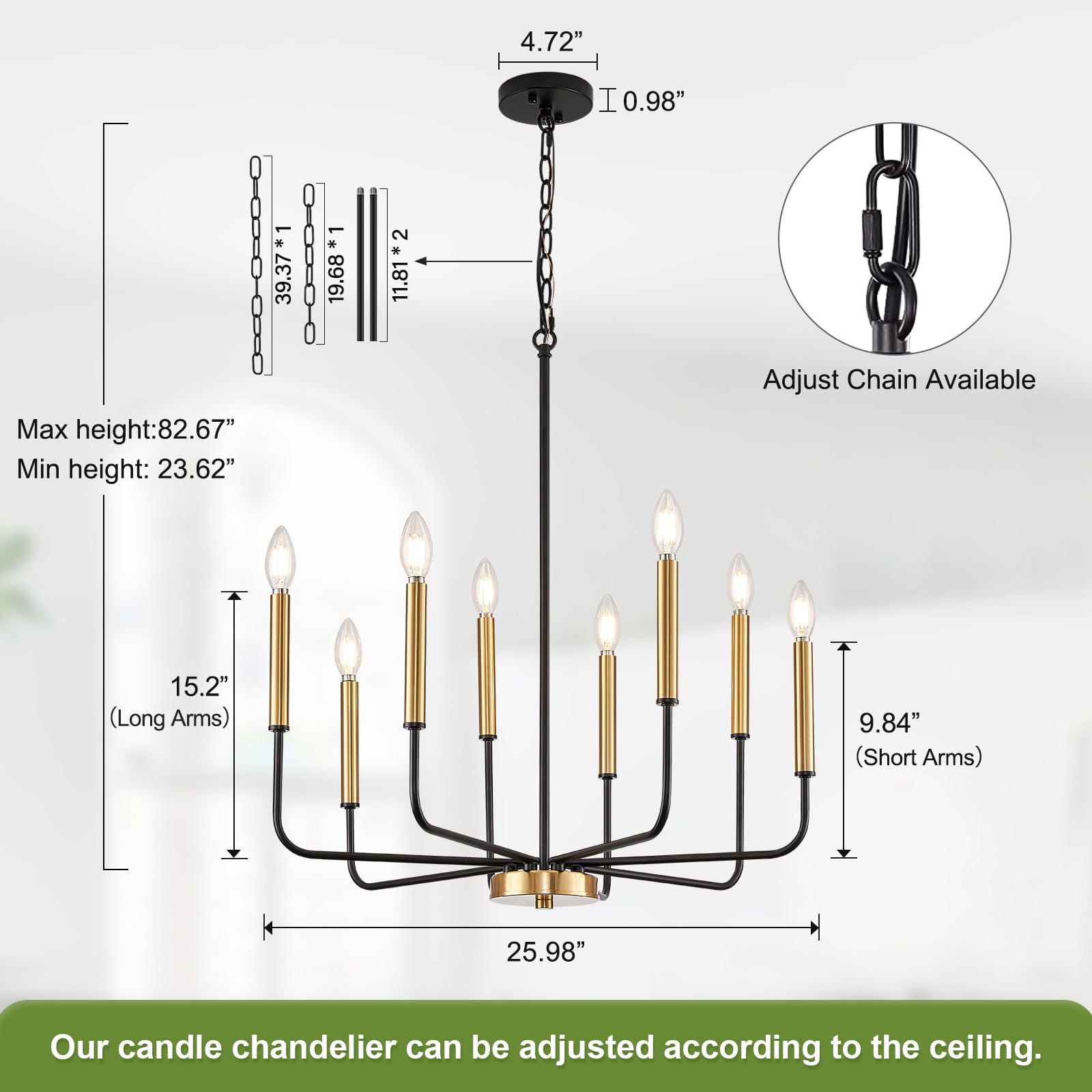 ZUYURT 8-Light Modern Black and Gold Metal Chandelier for Dining Room, Kitchen, Living Room, Foyer, Model ZY3004-BG8