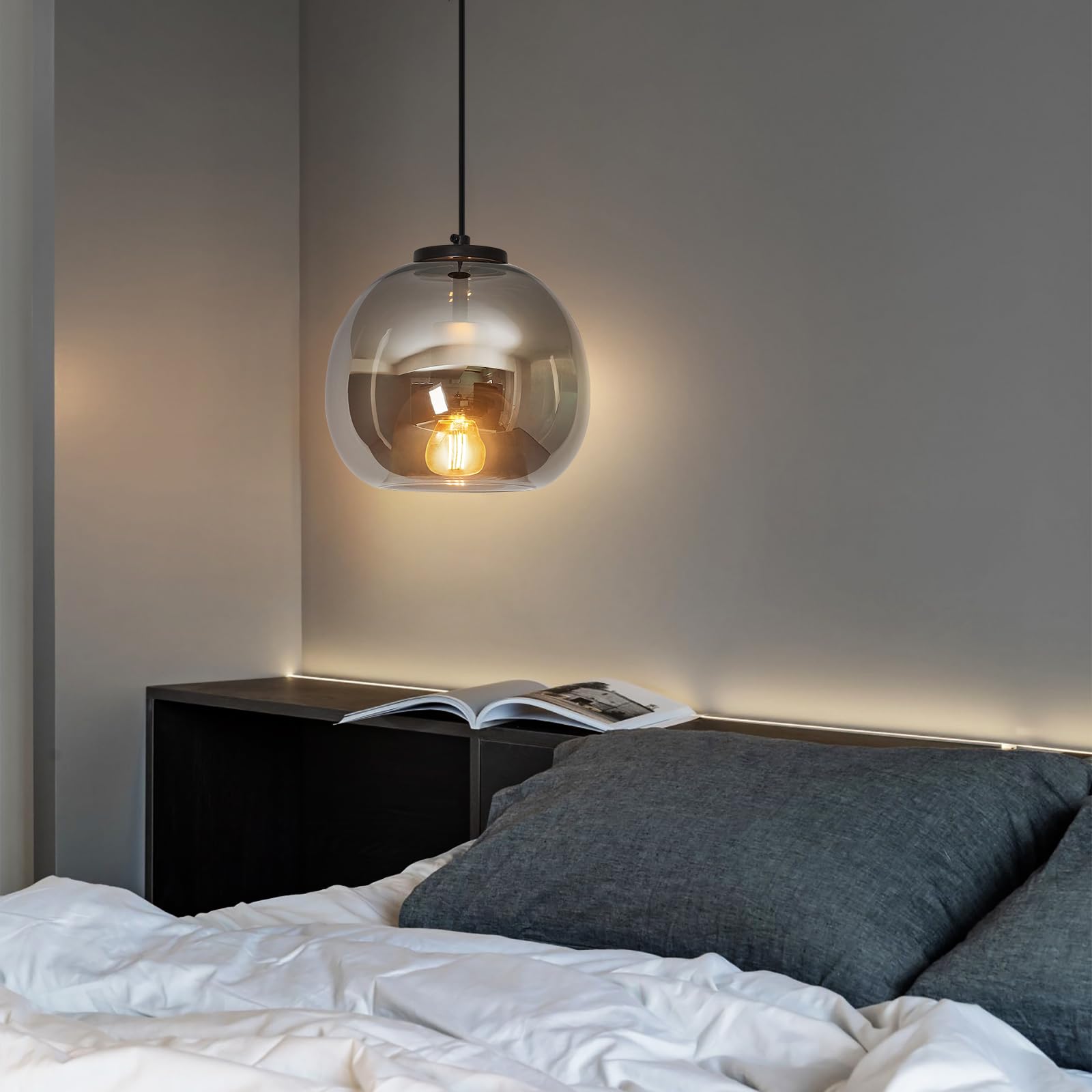 Lbsqj Mirror Smoke Gray Glass Pendant Lights Kitchen Island 3 Pack 7.87 Glass Globe Pendant Light Black Hanging Light Fixture Modern Pendant Lighting For Kitchen Island Bedroom Dining Room