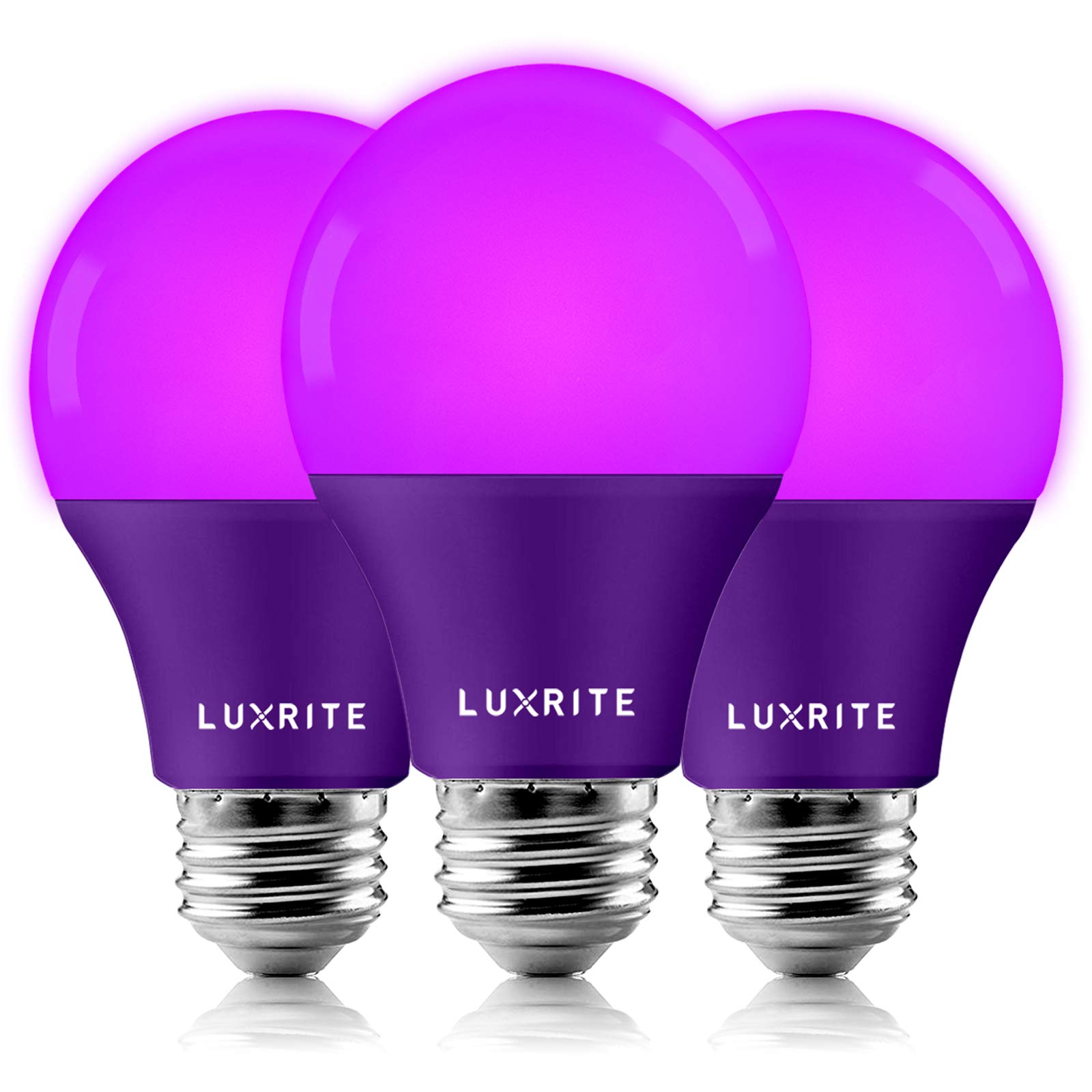 LUXRITE A19 LED Purple Light Bulbs, 60W Equivalent, Non-Dimmable, E26 Base, 3 Count, Indoor/Outdoor Lighting