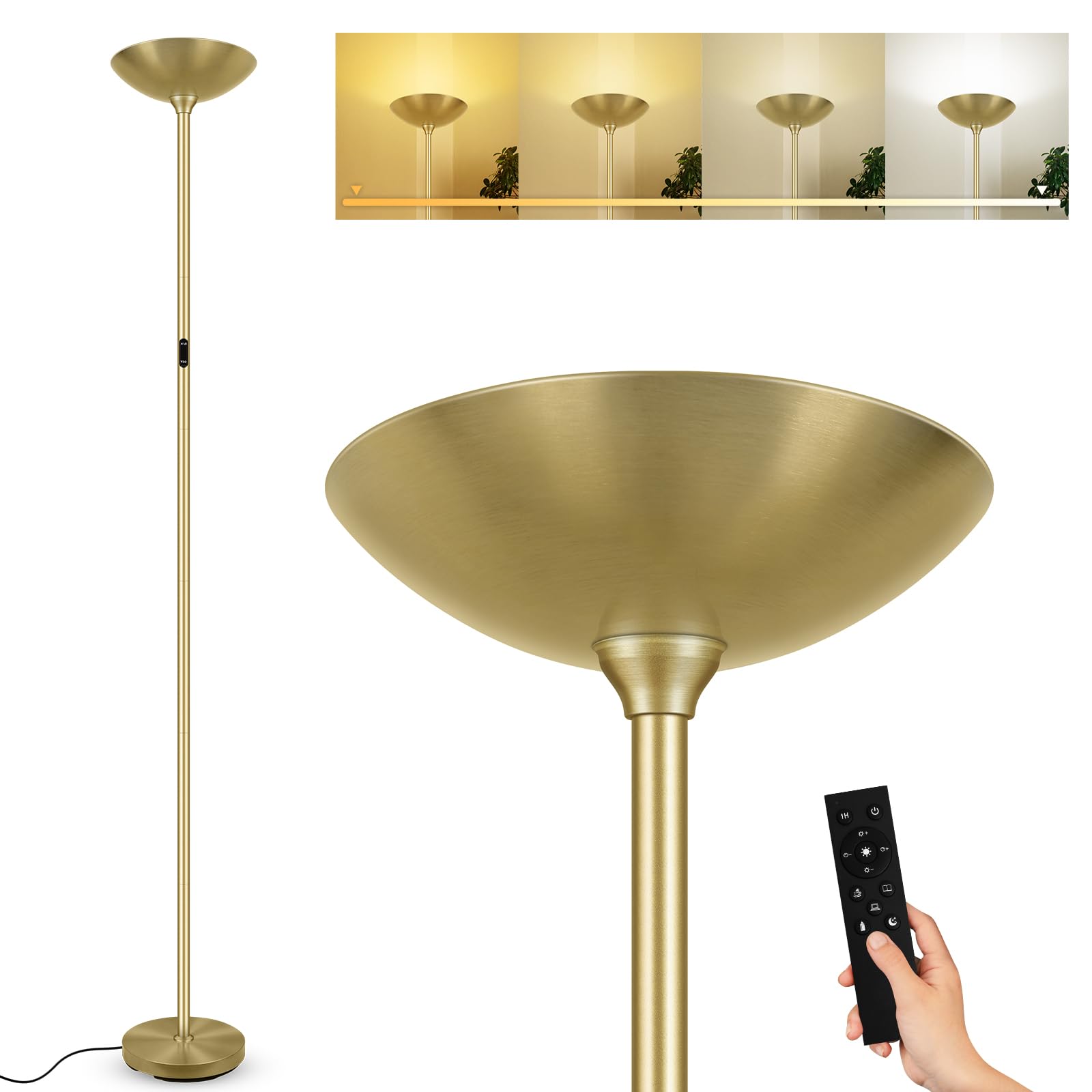 Bricosmocon Stepless Dimmable 30W Led Floor Lamp With Remote, 71&quot; Modern Gold Torchiere