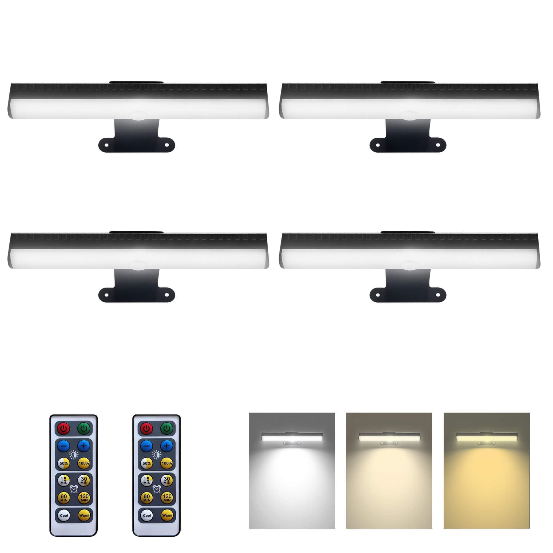 HIPTOKING 4pcs Battery Operated Picture Light with 3 Lighting Color,Painting Light for Wall with Remote,Led for Art Indoor Brigh