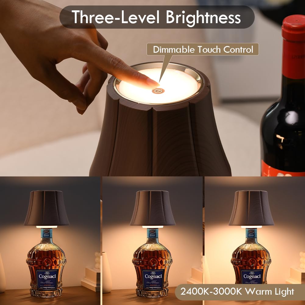 WILIT Wireless Bottle Lamp - Cordless Night Light, 3-Level Brightness, Flower-Brown Wood Grain, Ideal for Bedroom & Bar Decor